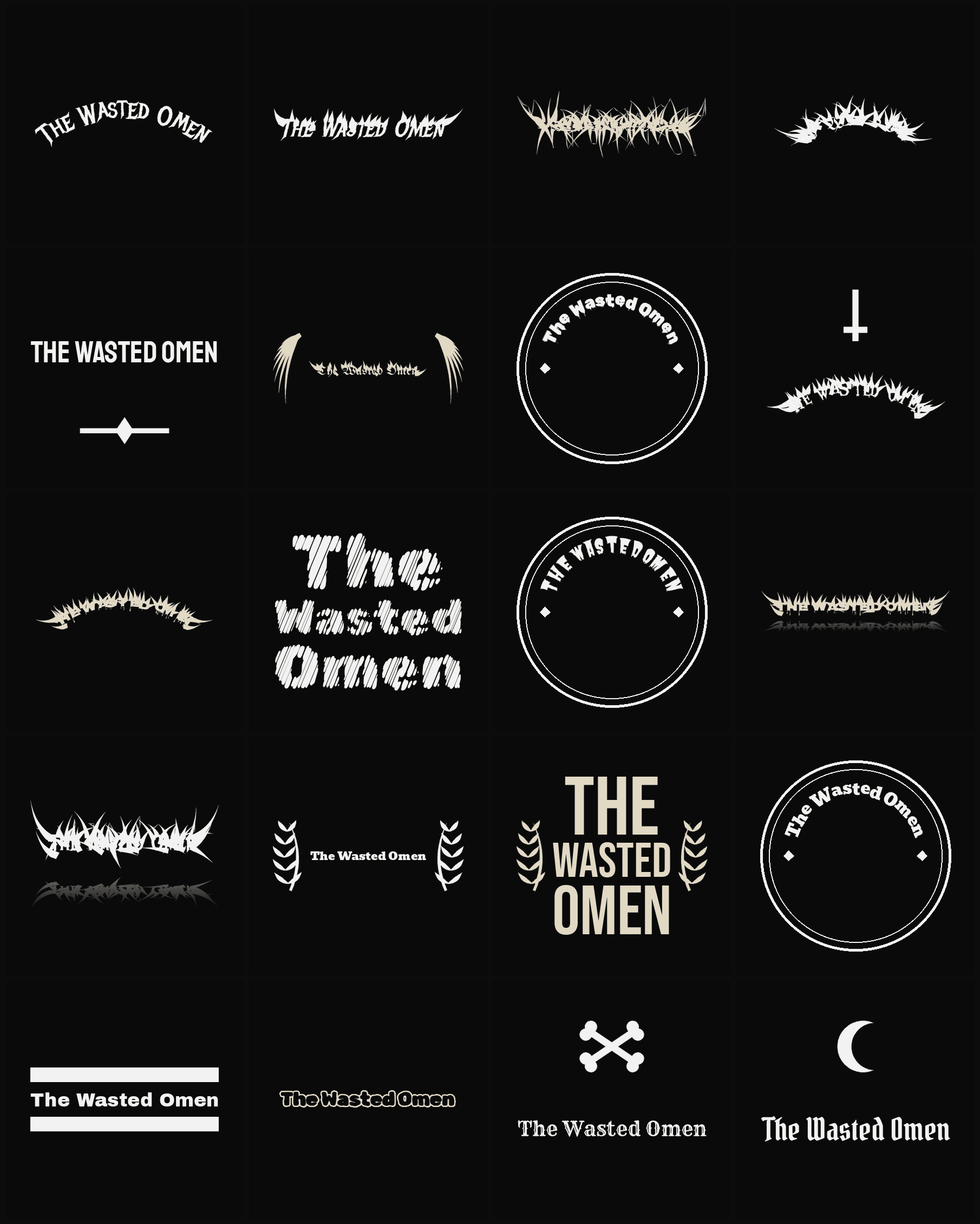 Twenty The Wasted Omen band logo ideas — different faces, treatments and spike settings