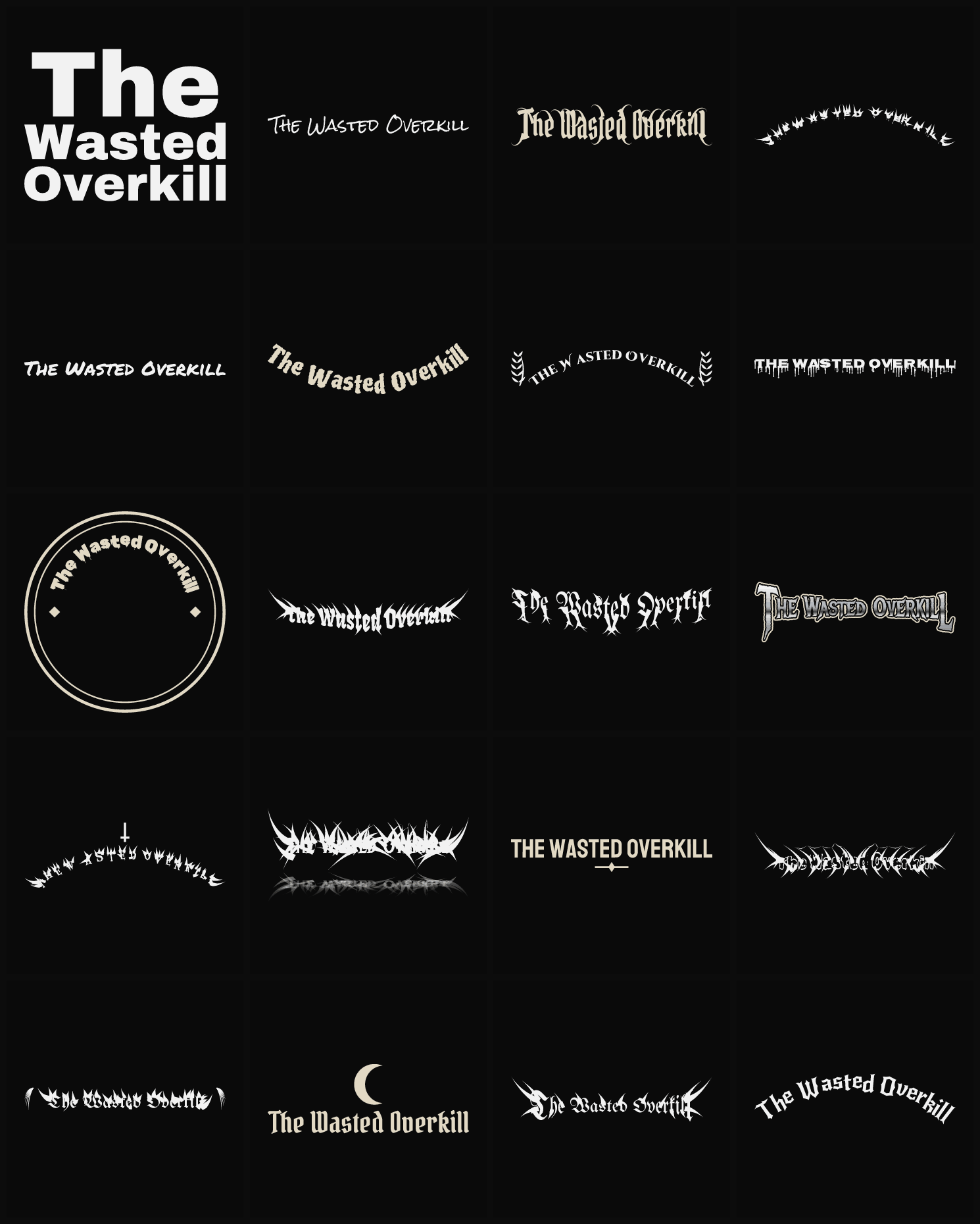Twenty The Wasted Overkill band logo ideas — different faces, treatments and spike settings
