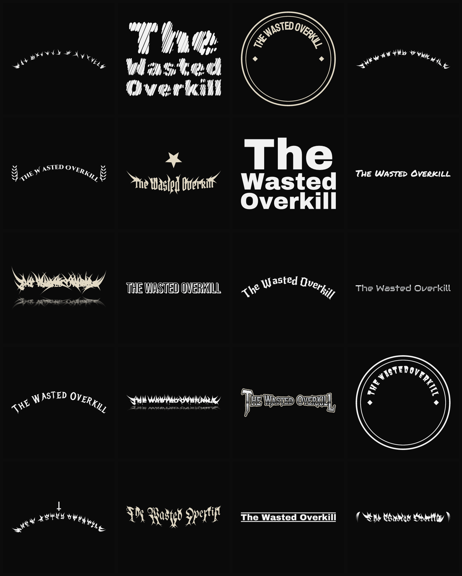 Twenty The Wasted Overkill band logo ideas — different faces, treatments and spike settings