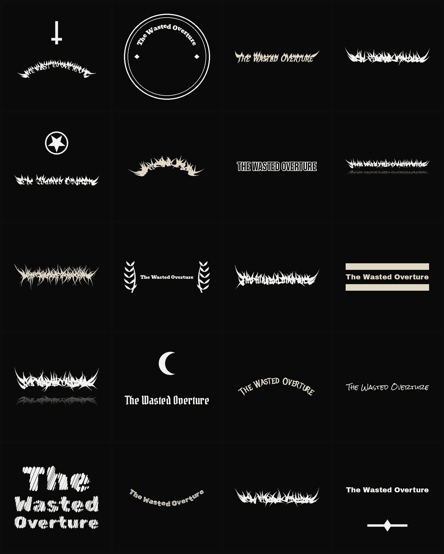 Twenty The Wasted Overture band logo ideas — different faces, treatments and spike settings