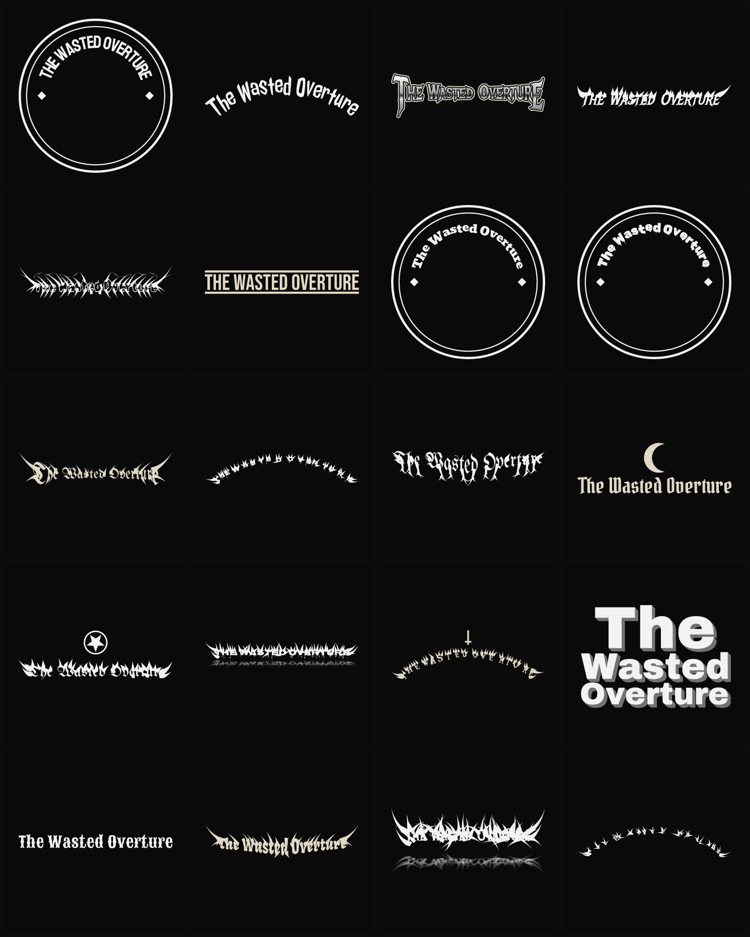 Twenty The Wasted Overture band logo ideas — different faces, treatments and spike settings