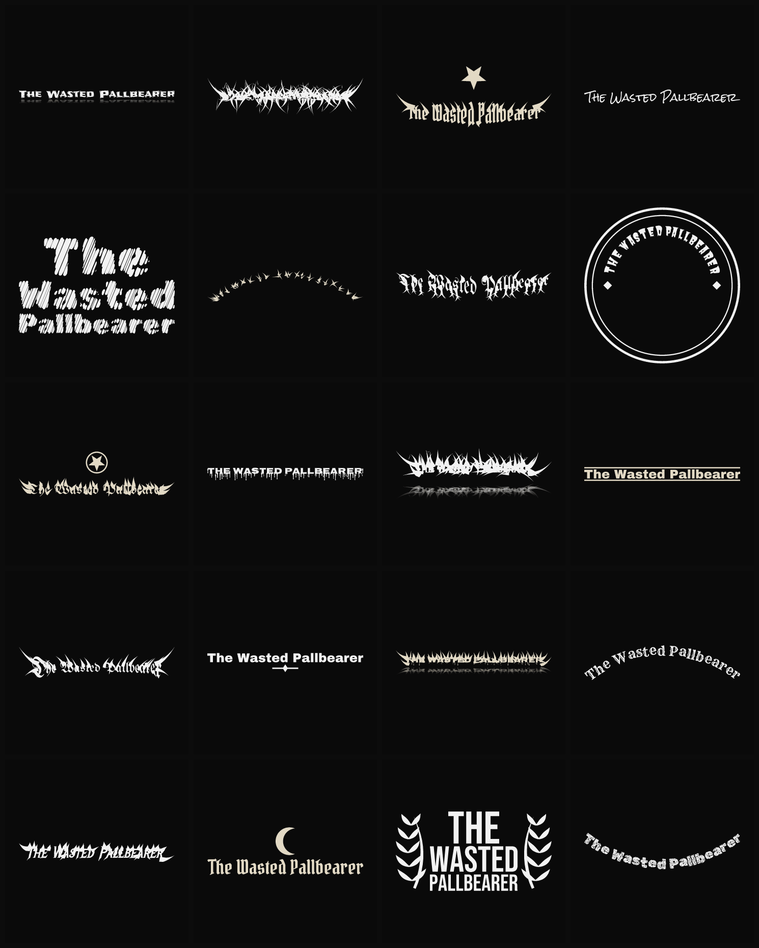 Twenty The Wasted Pallbearer band logo ideas — different faces, treatments and spike settings