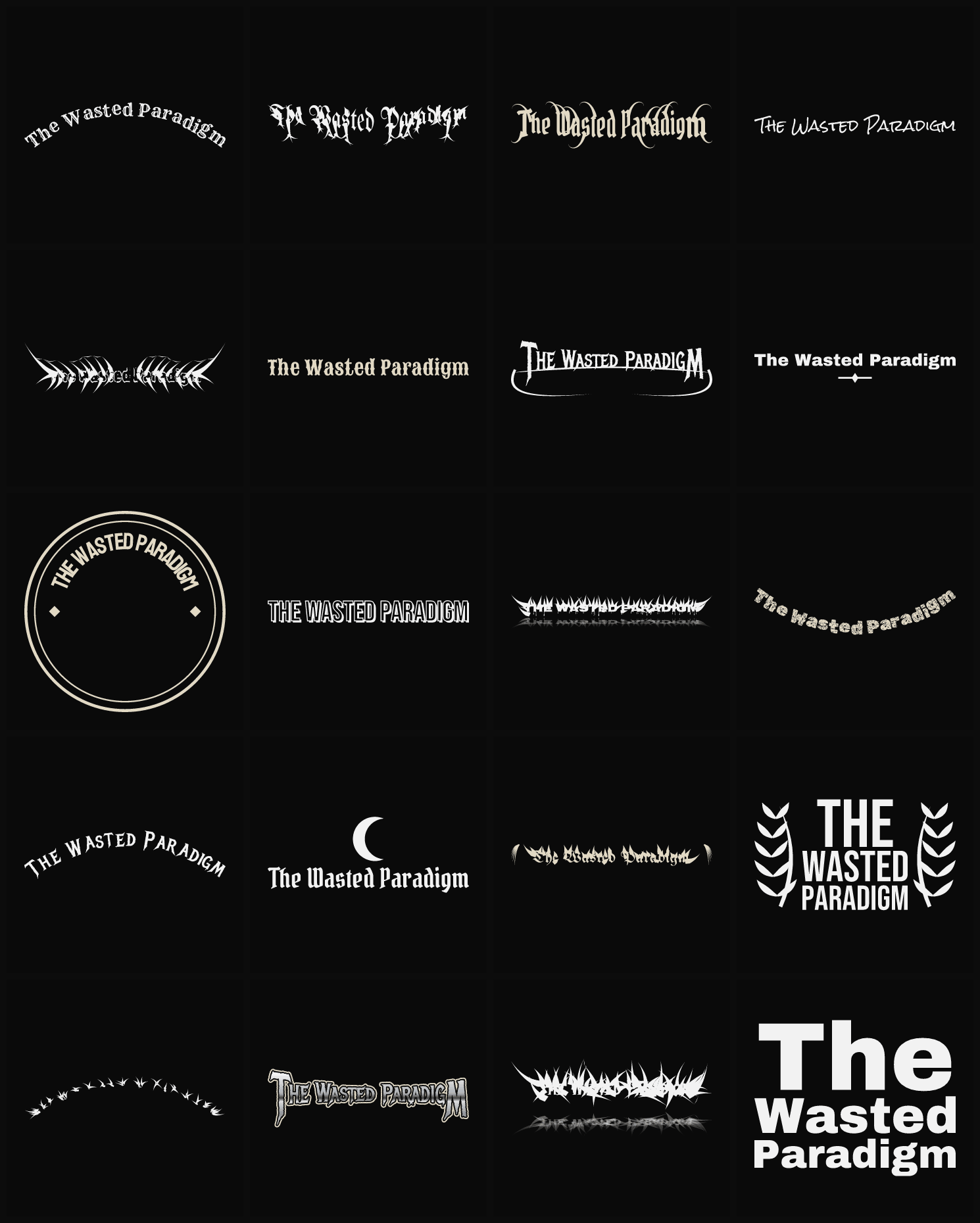 Twenty The Wasted Paradigm band logo ideas — different faces, treatments and spike settings