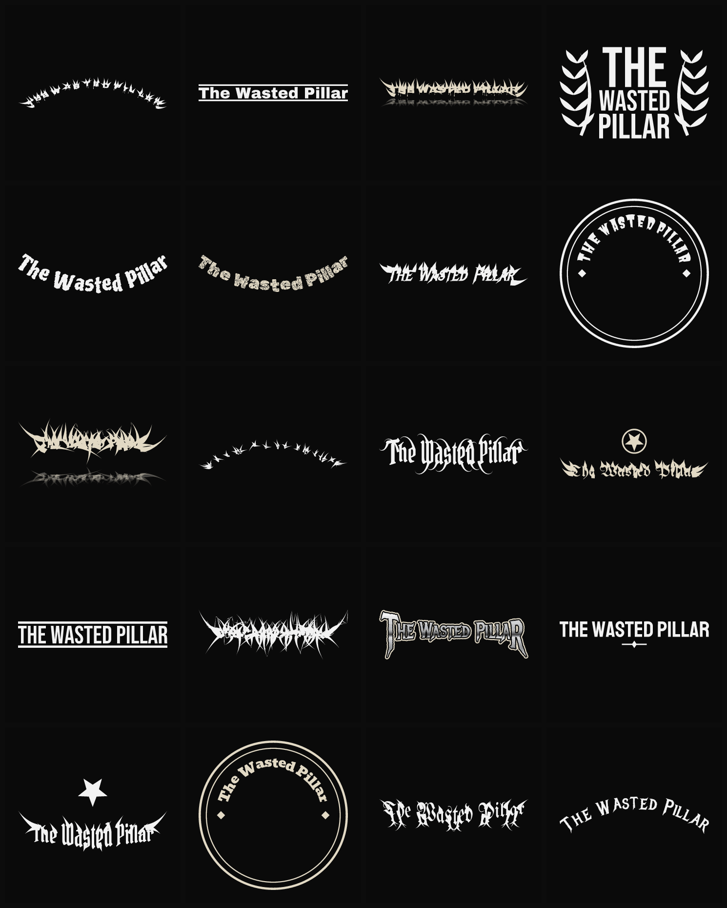 Twenty The Wasted Pillar band logo ideas — different faces, treatments and spike settings