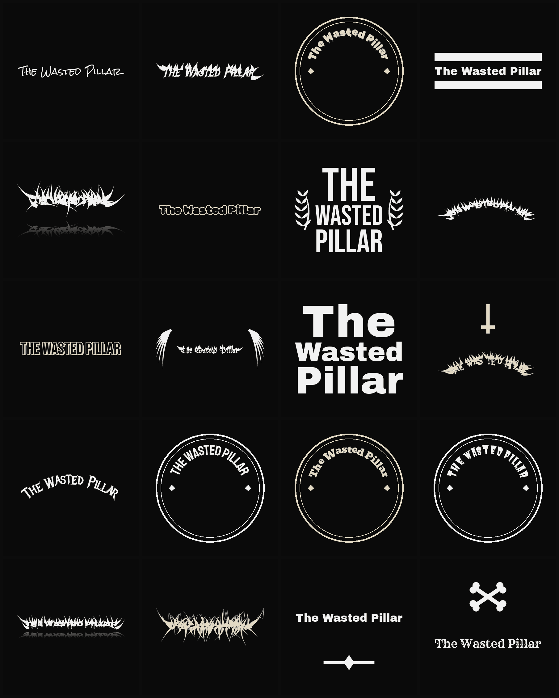 Twenty The Wasted Pillar band logo ideas — different faces, treatments and spike settings