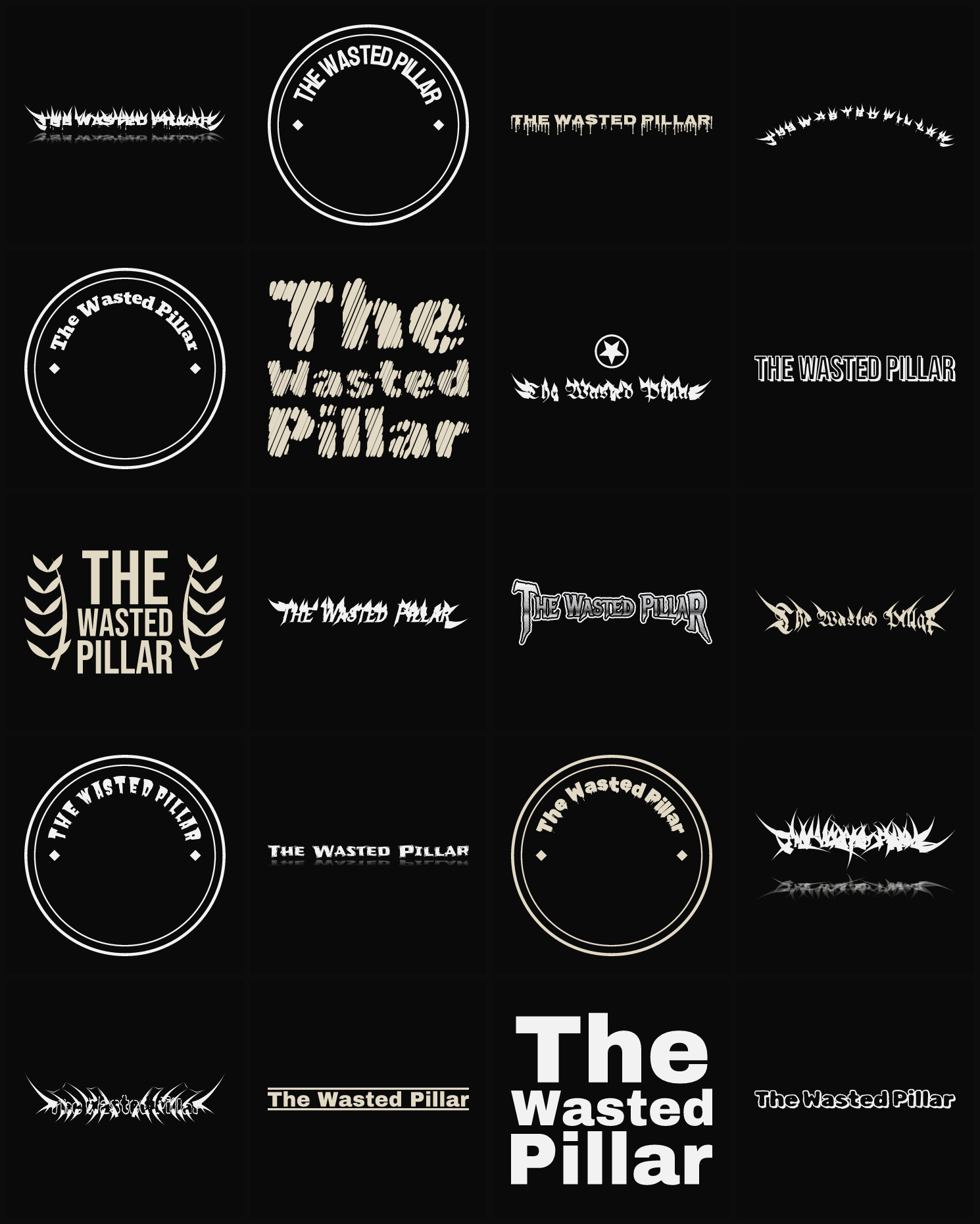 Twenty The Wasted Pillar band logo ideas — different faces, treatments and spike settings