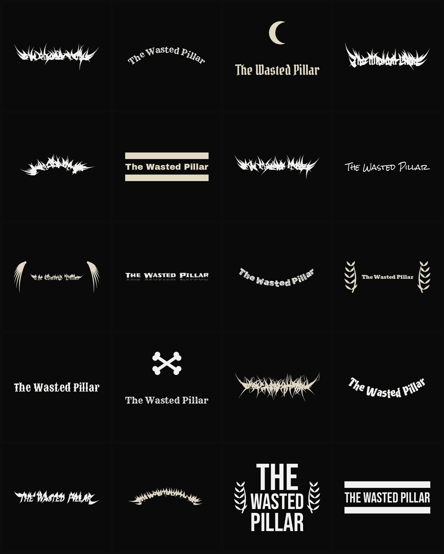 Twenty The Wasted Pillar band logo ideas — different faces, treatments and spike settings