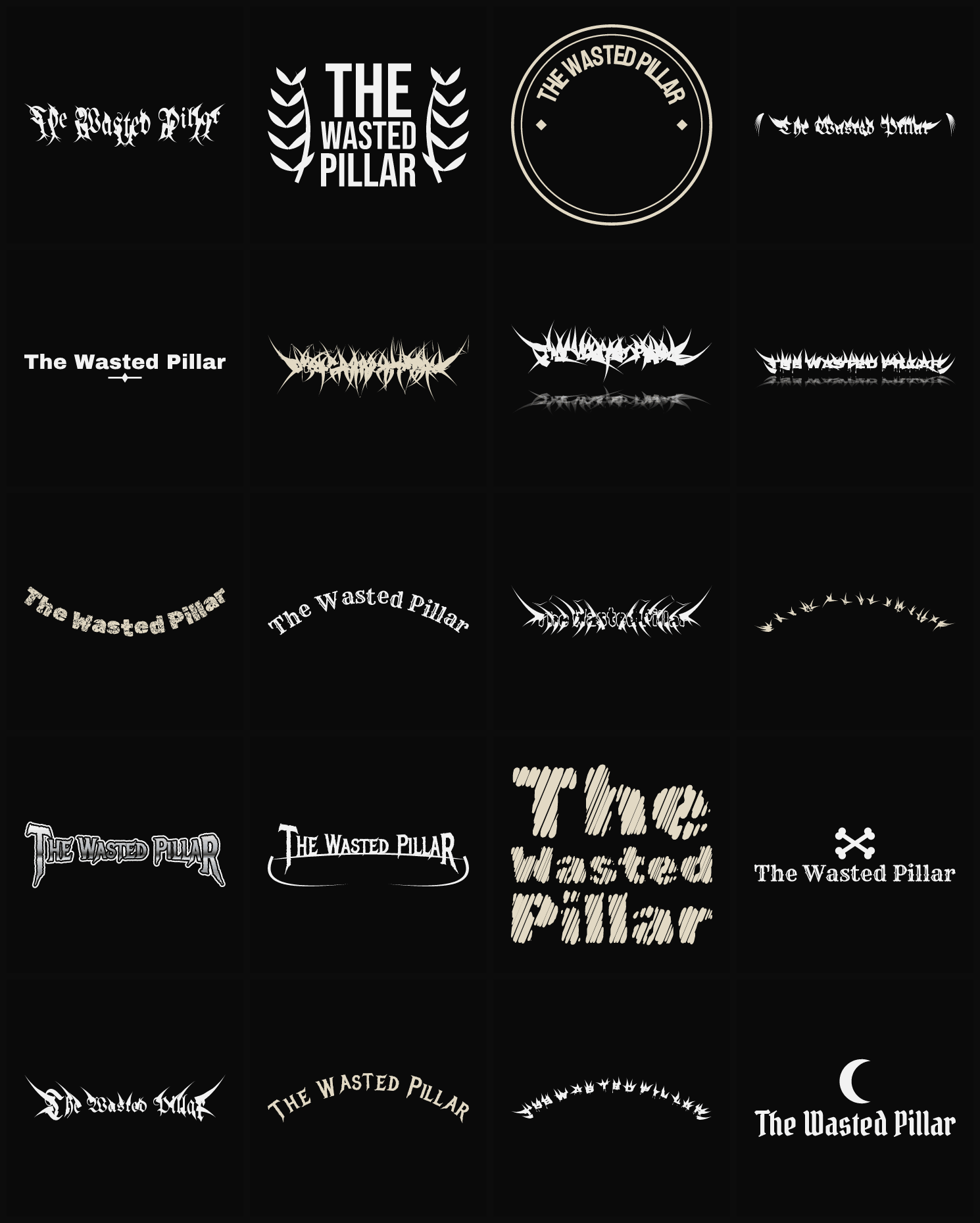 Twenty The Wasted Pillar band logo ideas — different faces, treatments and spike settings