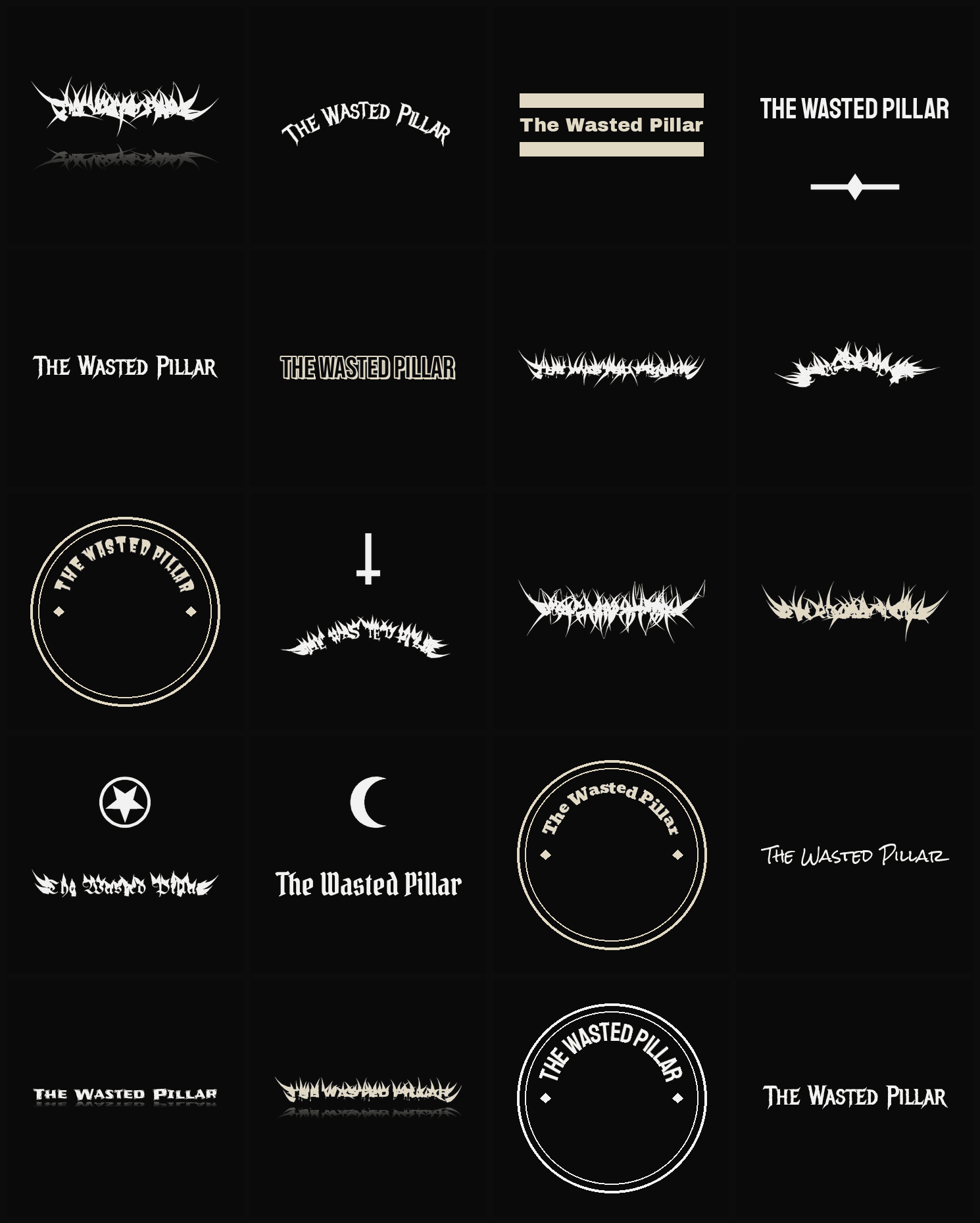 Twenty The Wasted Pillar band logo ideas — different faces, treatments and spike settings