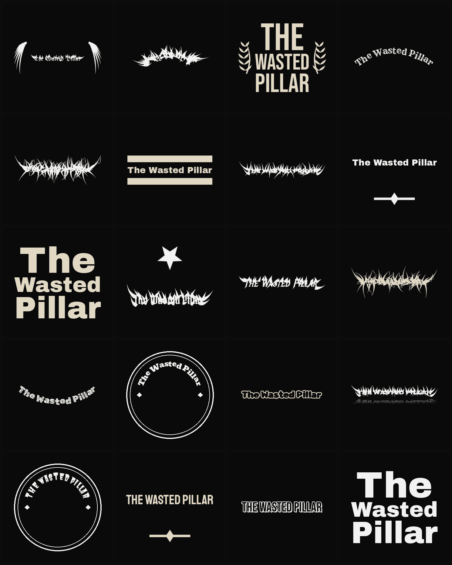 Twenty The Wasted Pillar band logo ideas — different faces, treatments and spike settings