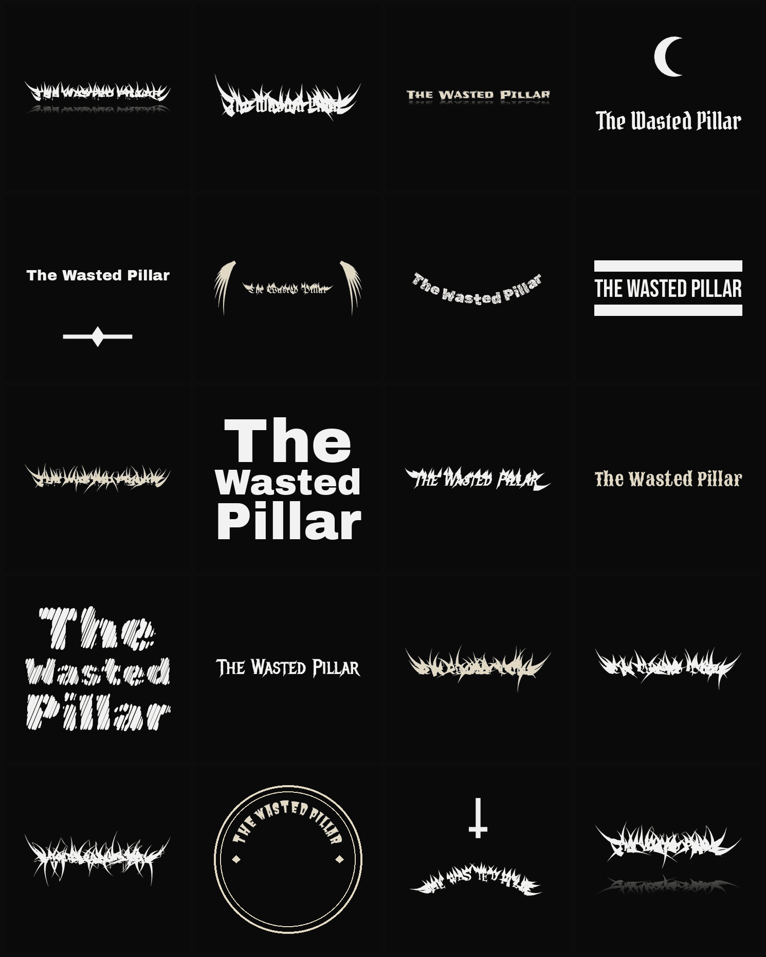 Twenty The Wasted Pillar band logo ideas — different faces, treatments and spike settings