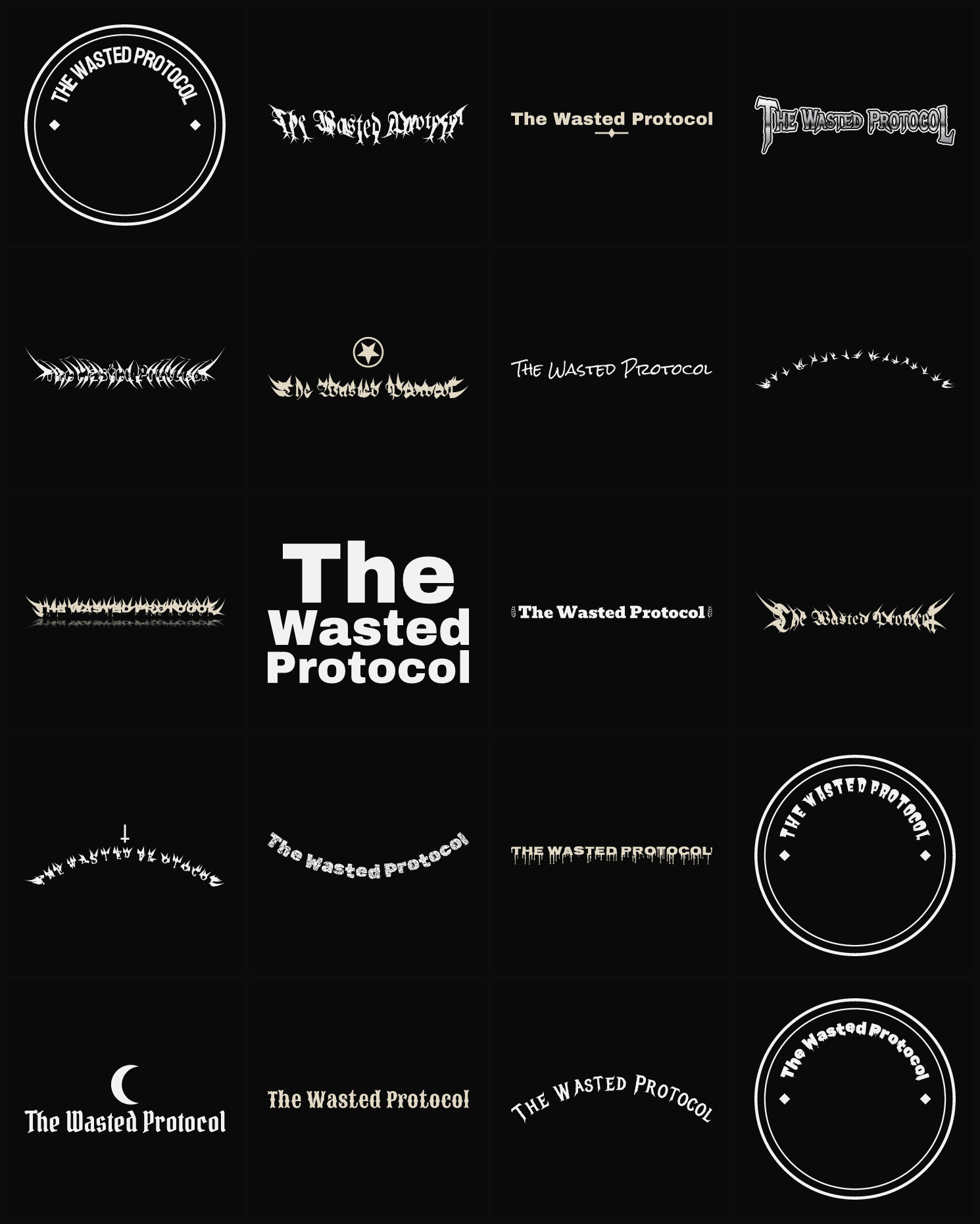 Twenty The Wasted Protocol band logo ideas — different faces, treatments and spike settings