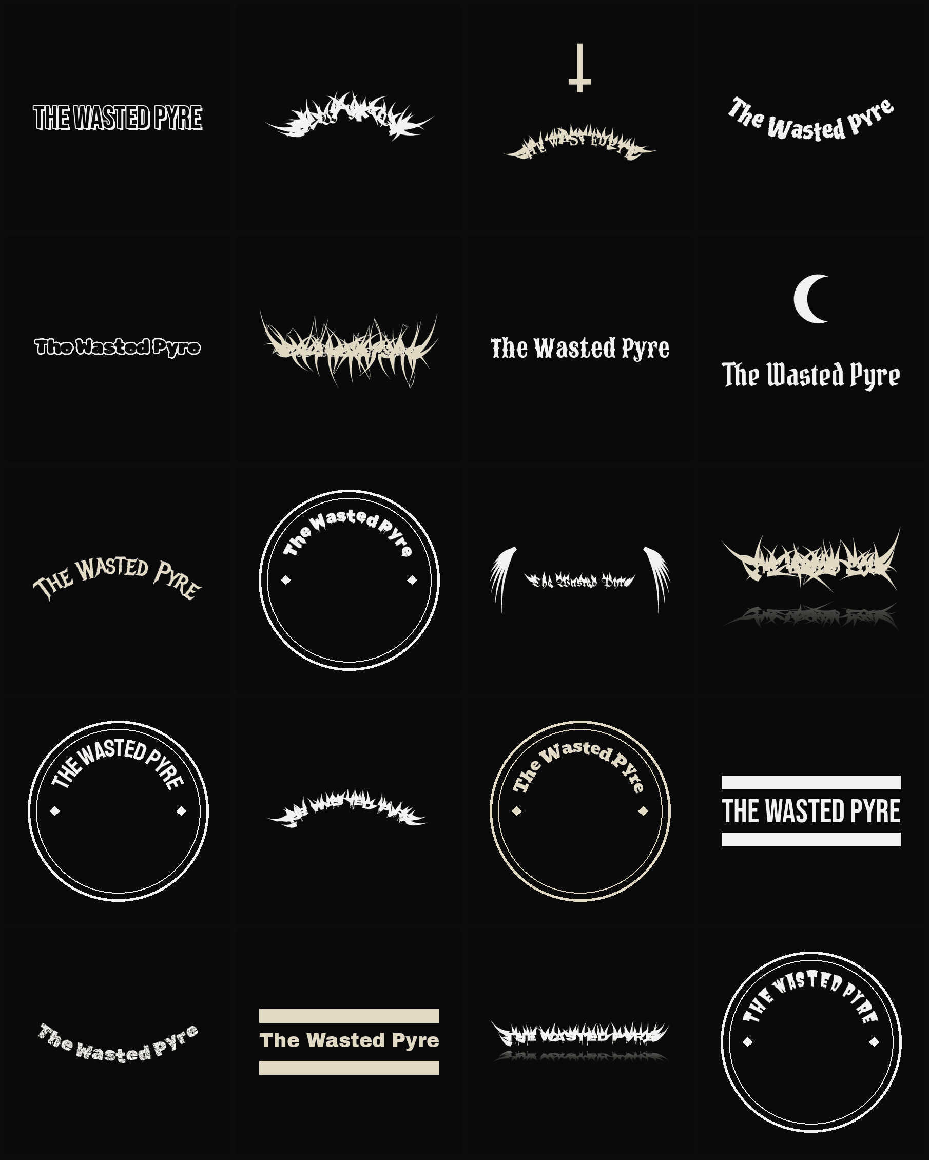 Twenty The Wasted Pyre band logo ideas — different faces, treatments and spike settings