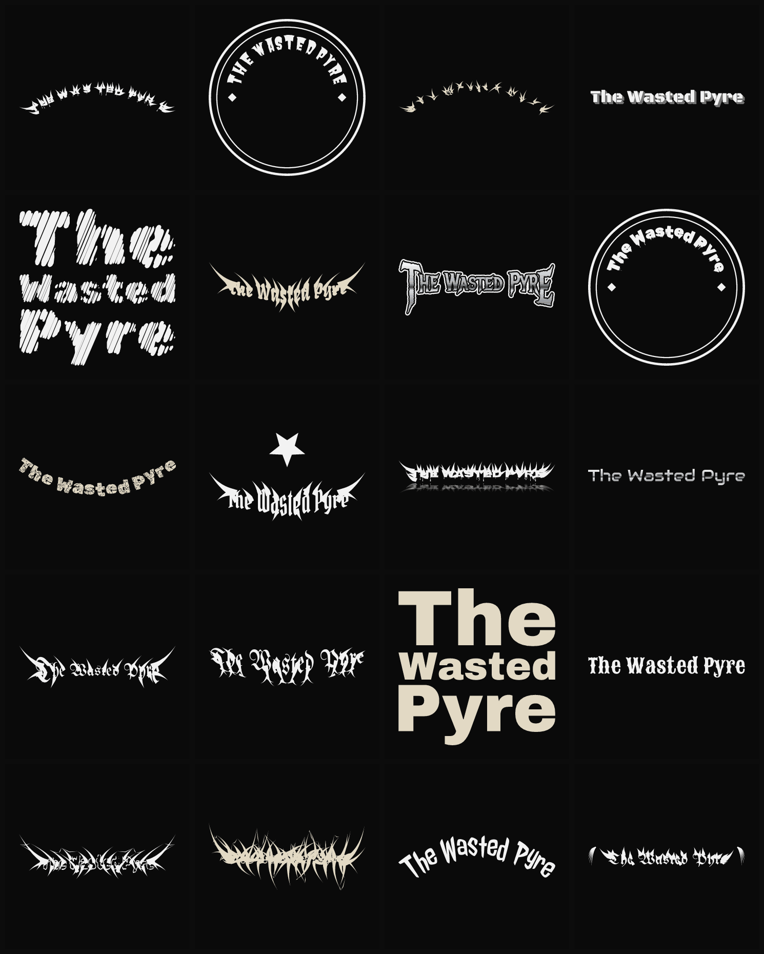 Twenty The Wasted Pyre band logo ideas — different faces, treatments and spike settings