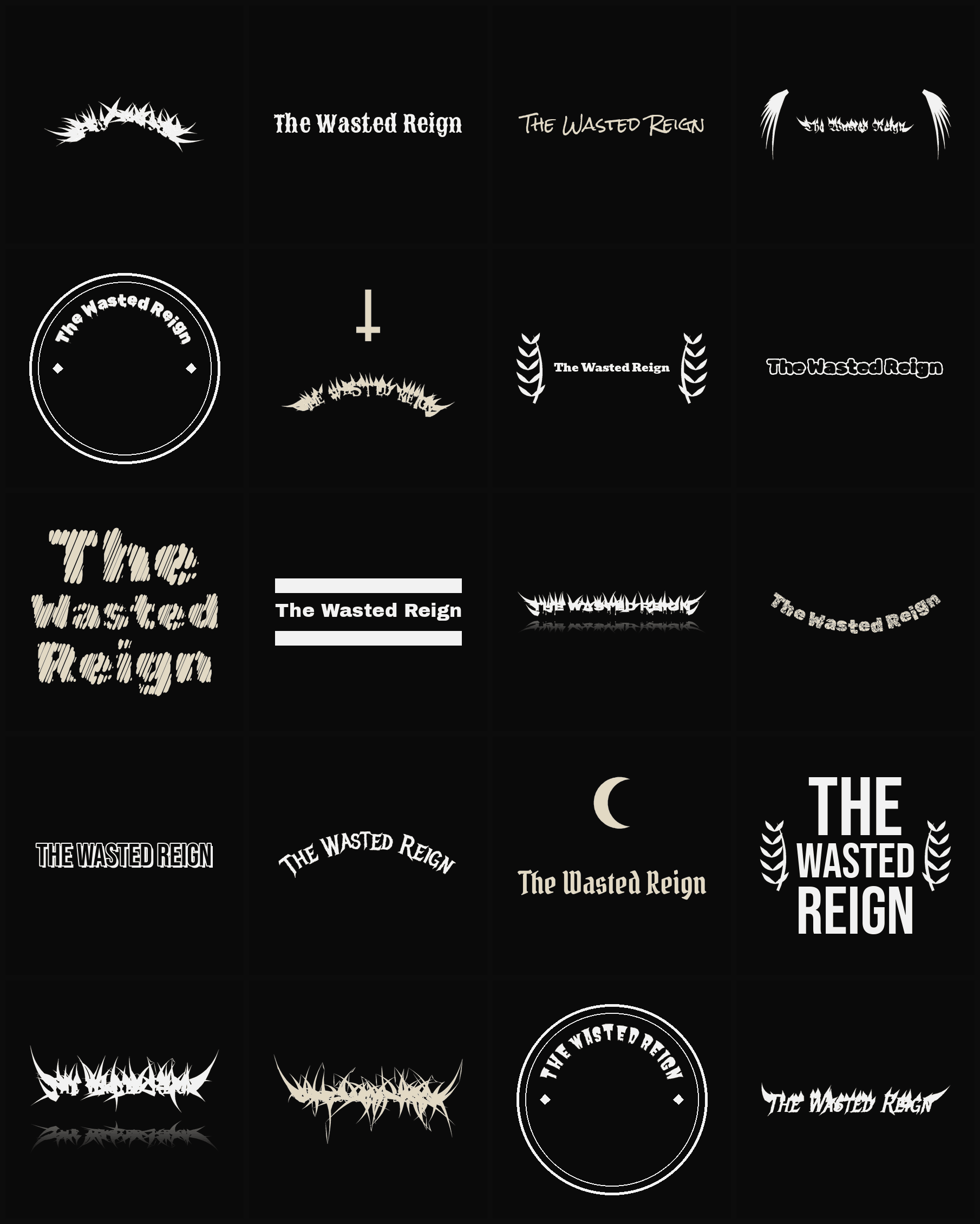 Twenty The Wasted Reign band logo ideas — different faces, treatments and spike settings