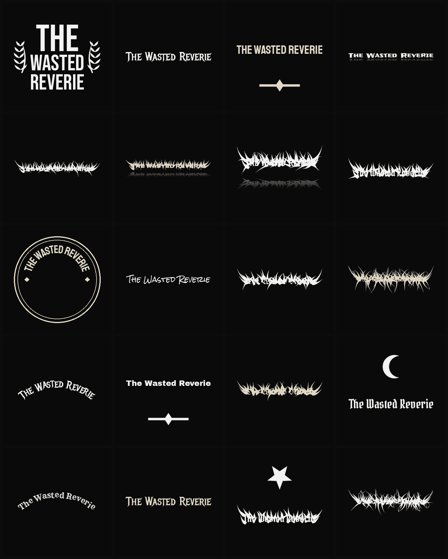 Twenty The Wasted Reverie band logo ideas — different faces, treatments and spike settings