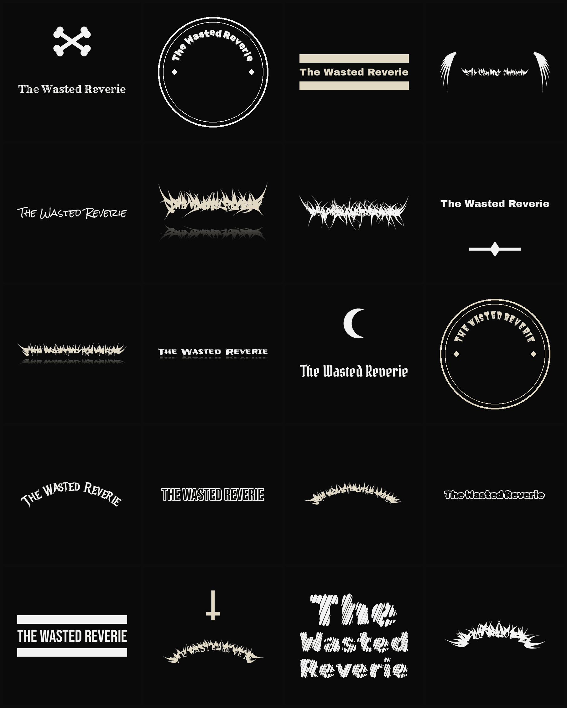 Twenty The Wasted Reverie band logo ideas — different faces, treatments and spike settings