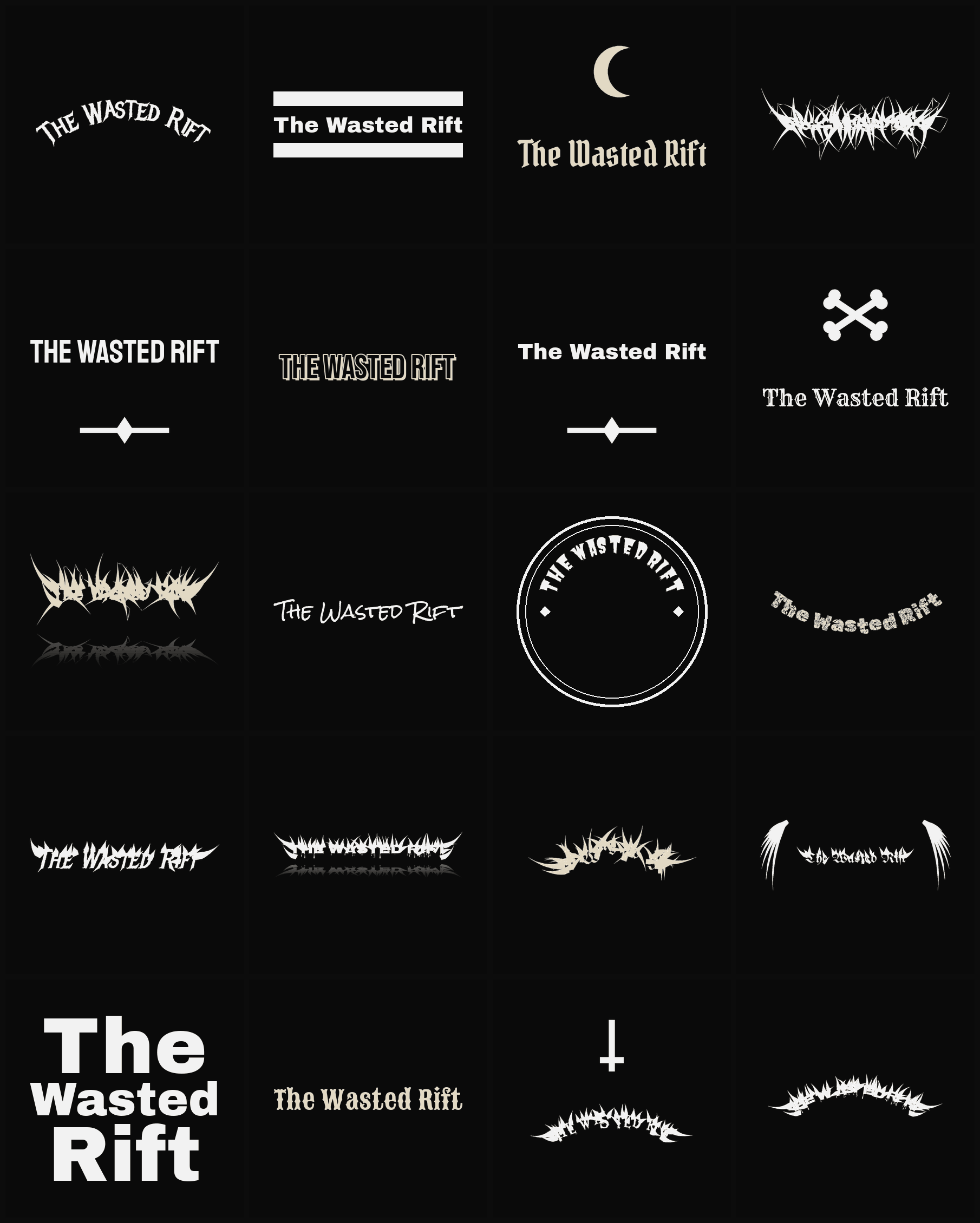 Twenty The Wasted Rift band logo ideas — different faces, treatments and spike settings