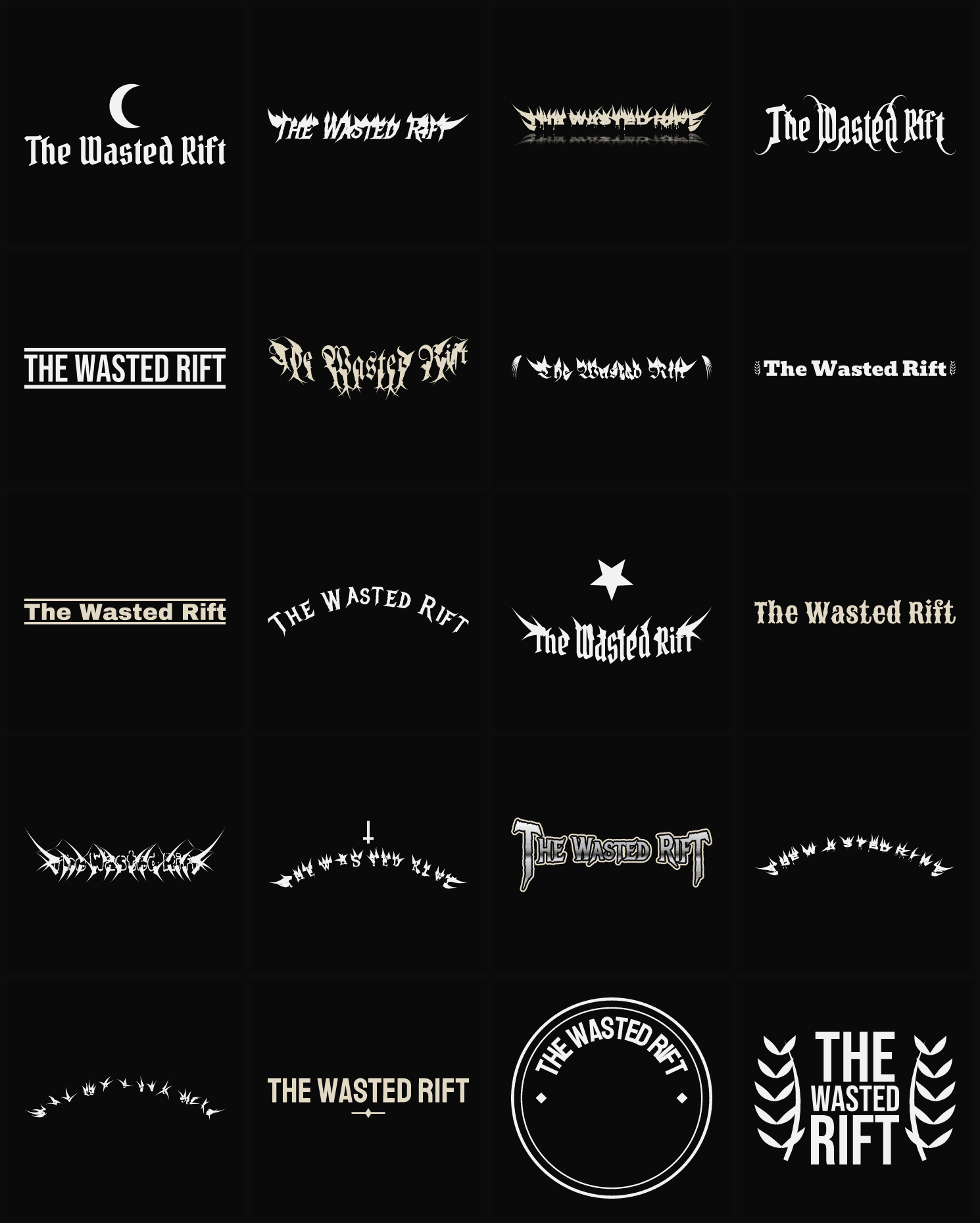Twenty The Wasted Rift band logo ideas — different faces, treatments and spike settings