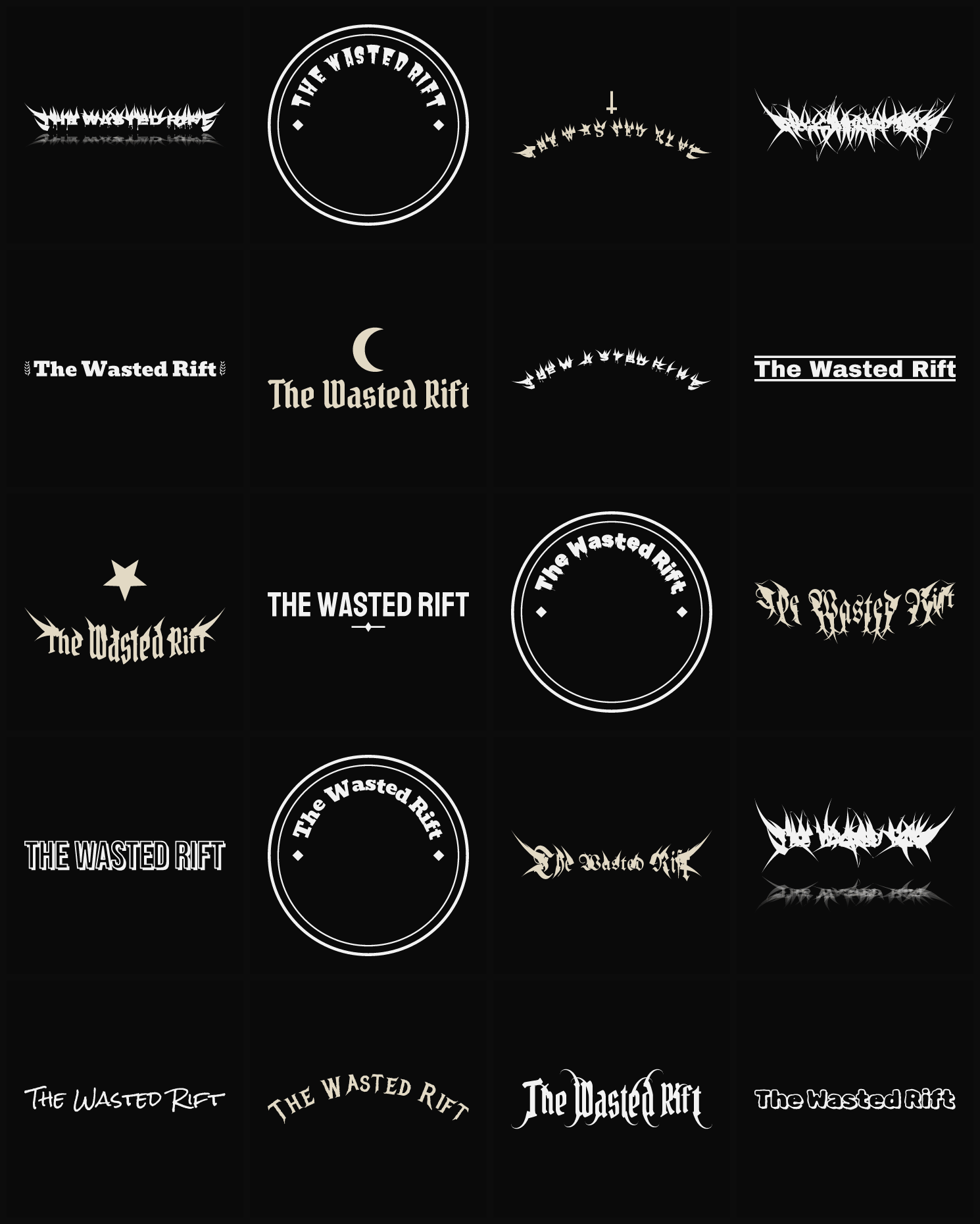 Twenty The Wasted Rift band logo ideas — different faces, treatments and spike settings