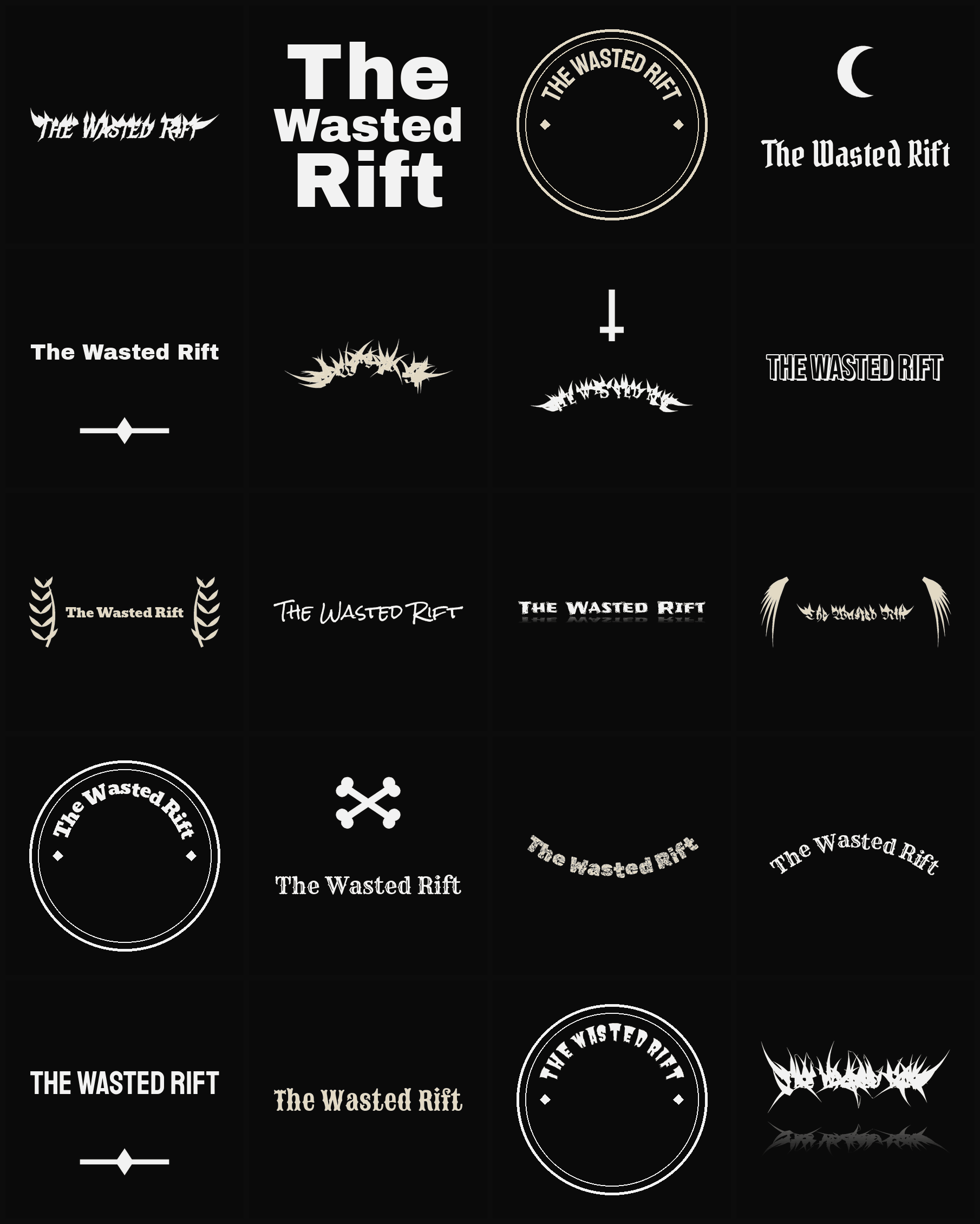 Twenty The Wasted Rift band logo ideas — different faces, treatments and spike settings