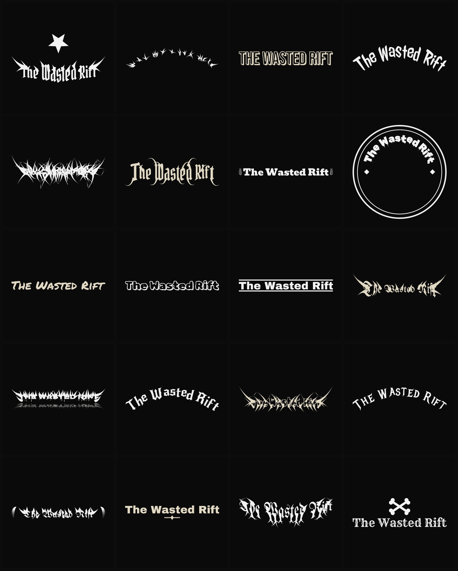 Twenty The Wasted Rift band logo ideas — different faces, treatments and spike settings