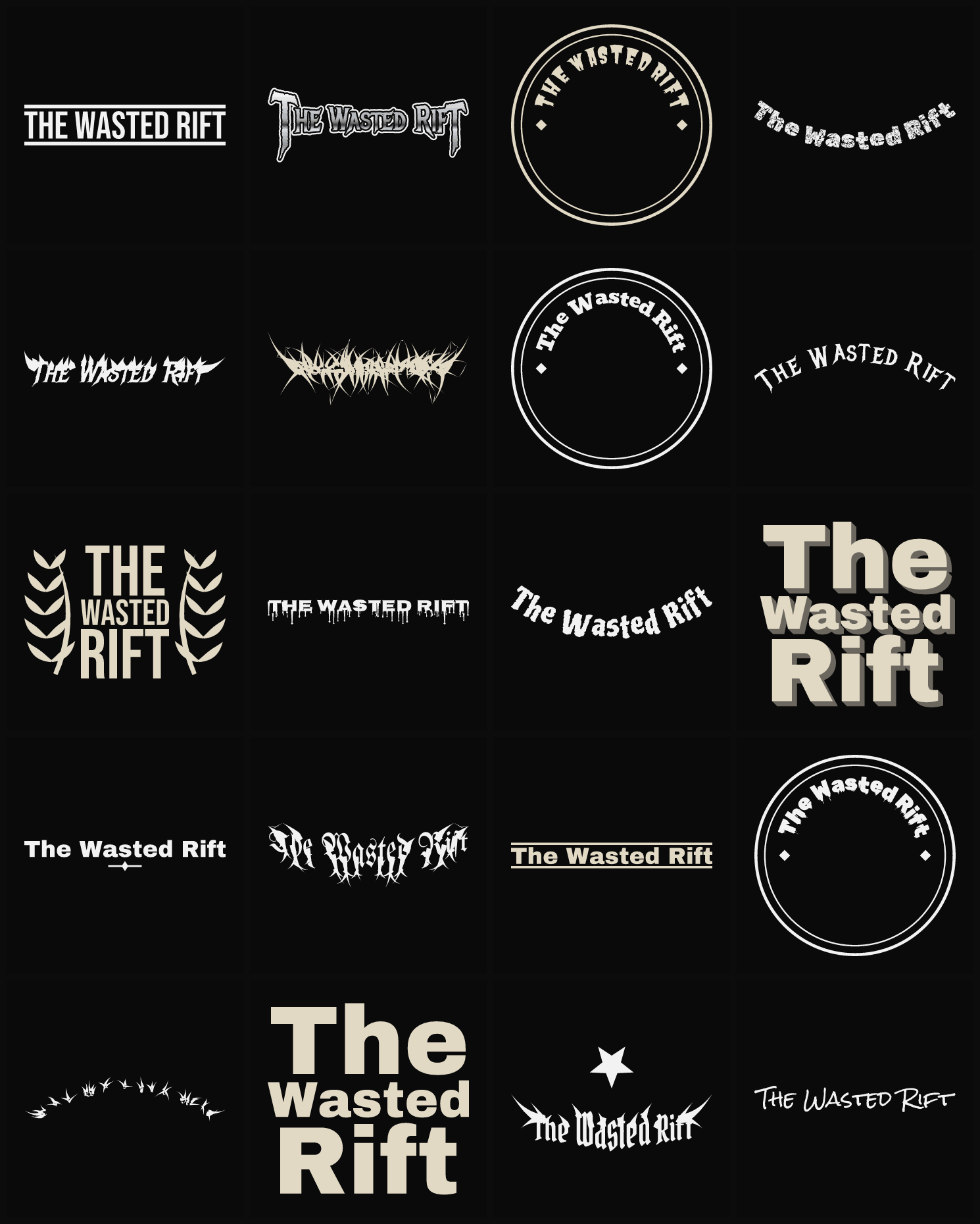 Twenty The Wasted Rift band logo ideas — different faces, treatments and spike settings