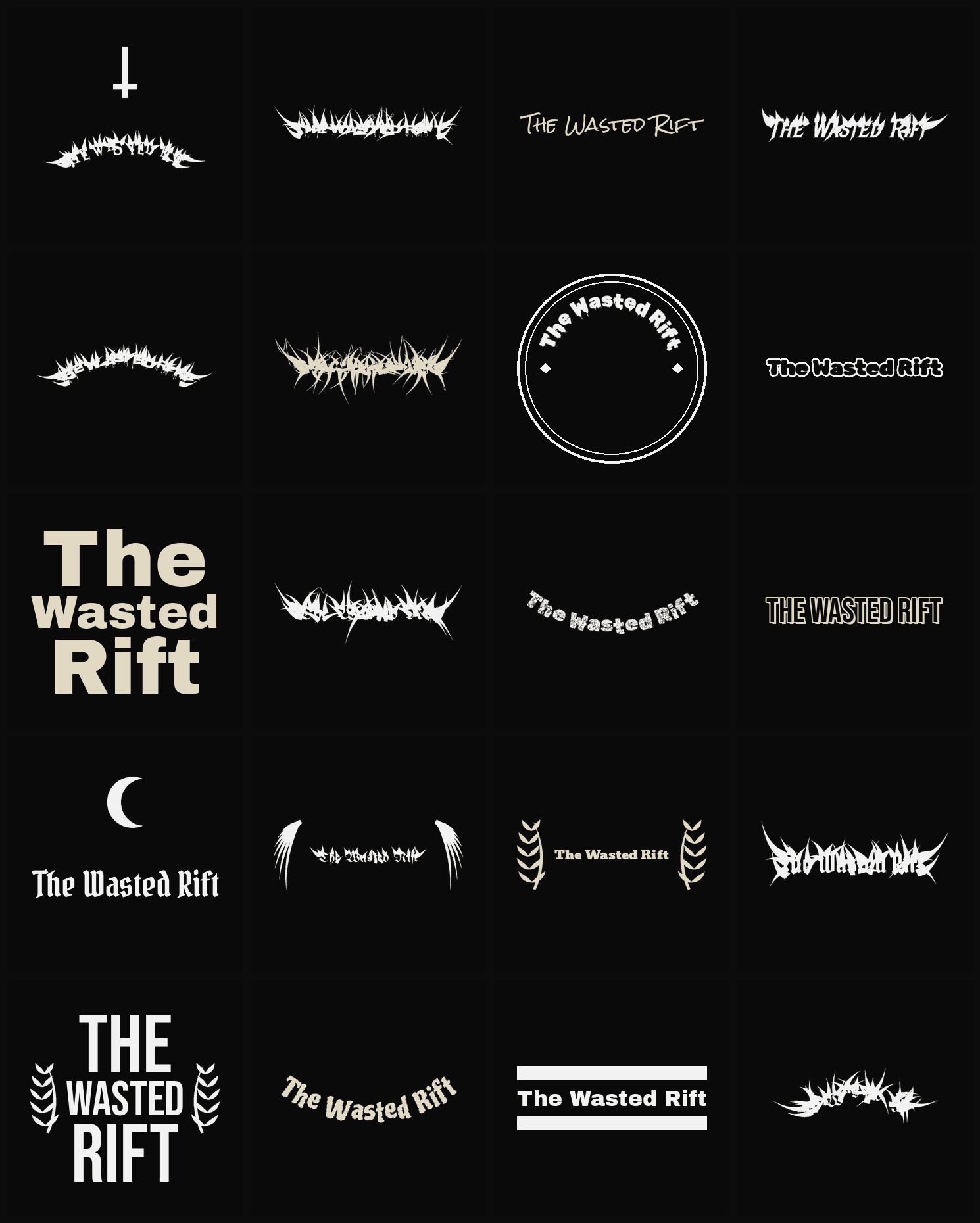 Twenty The Wasted Rift band logo ideas — different faces, treatments and spike settings