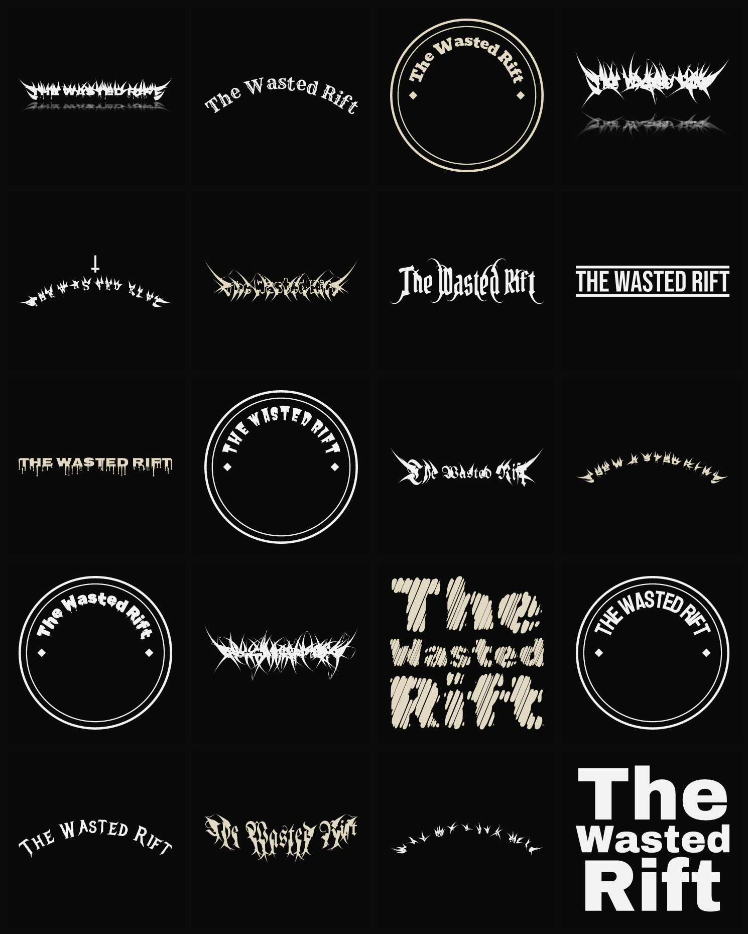 Twenty The Wasted Rift band logo ideas — different faces, treatments and spike settings