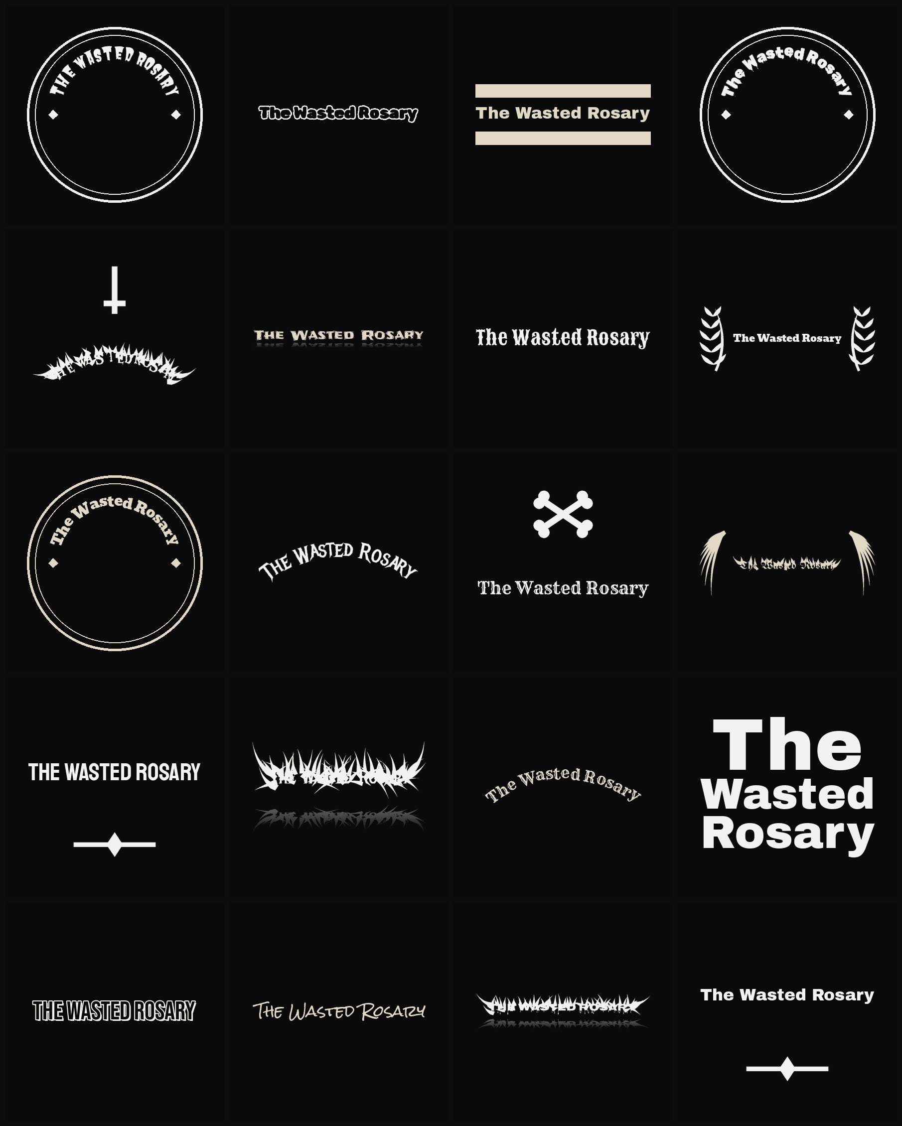 Twenty The Wasted Rosary band logo ideas — different faces, treatments and spike settings