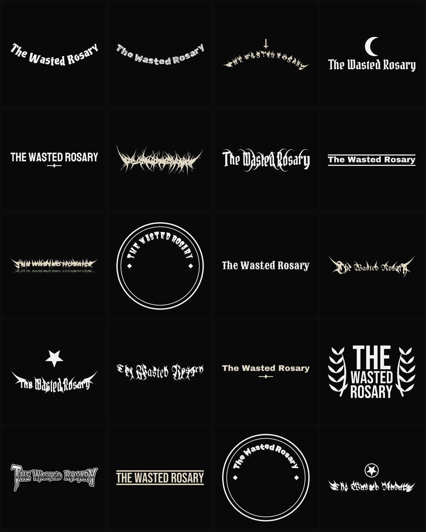 Twenty The Wasted Rosary band logo ideas — different faces, treatments and spike settings