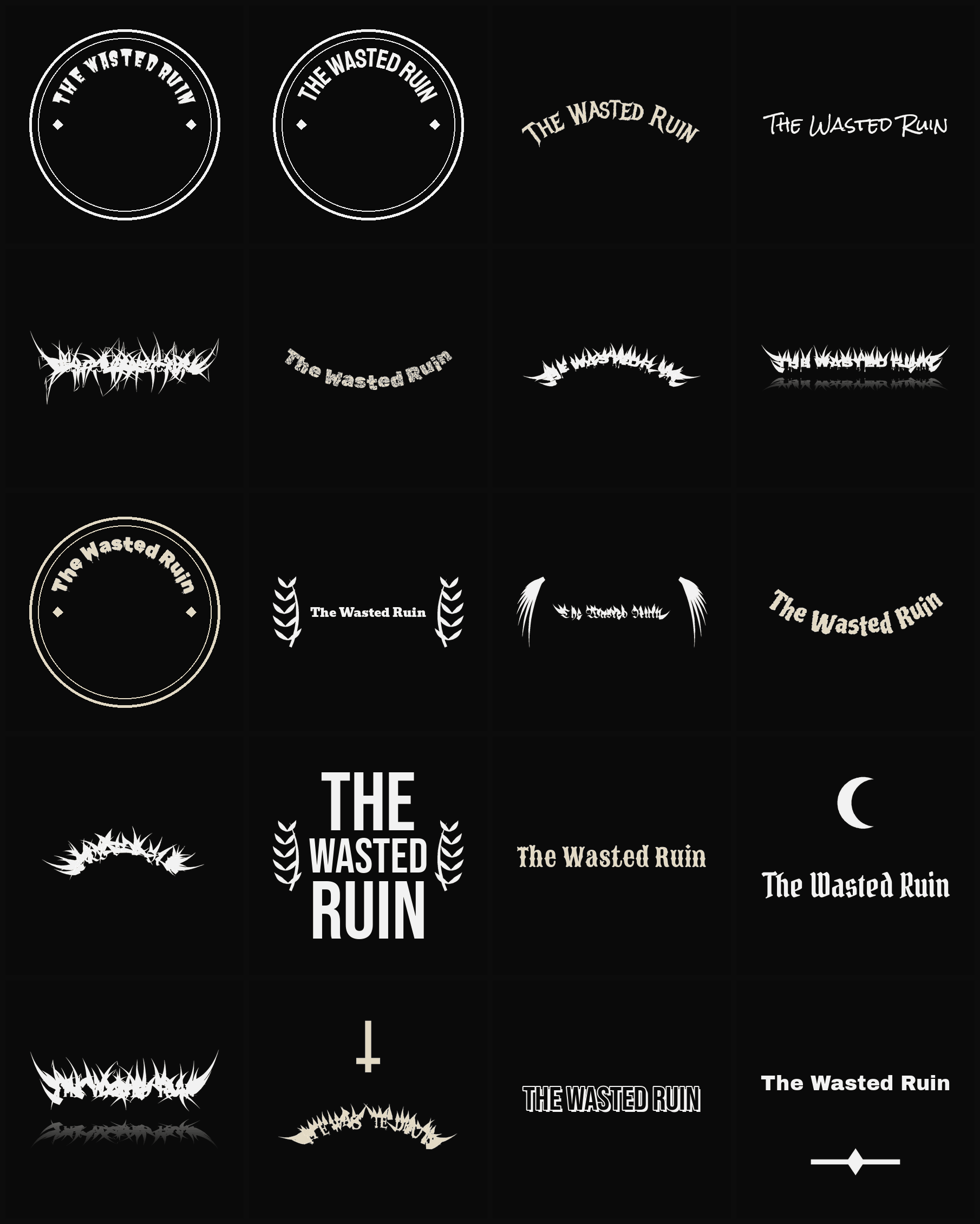 Twenty The Wasted Ruin band logo ideas — different faces, treatments and spike settings