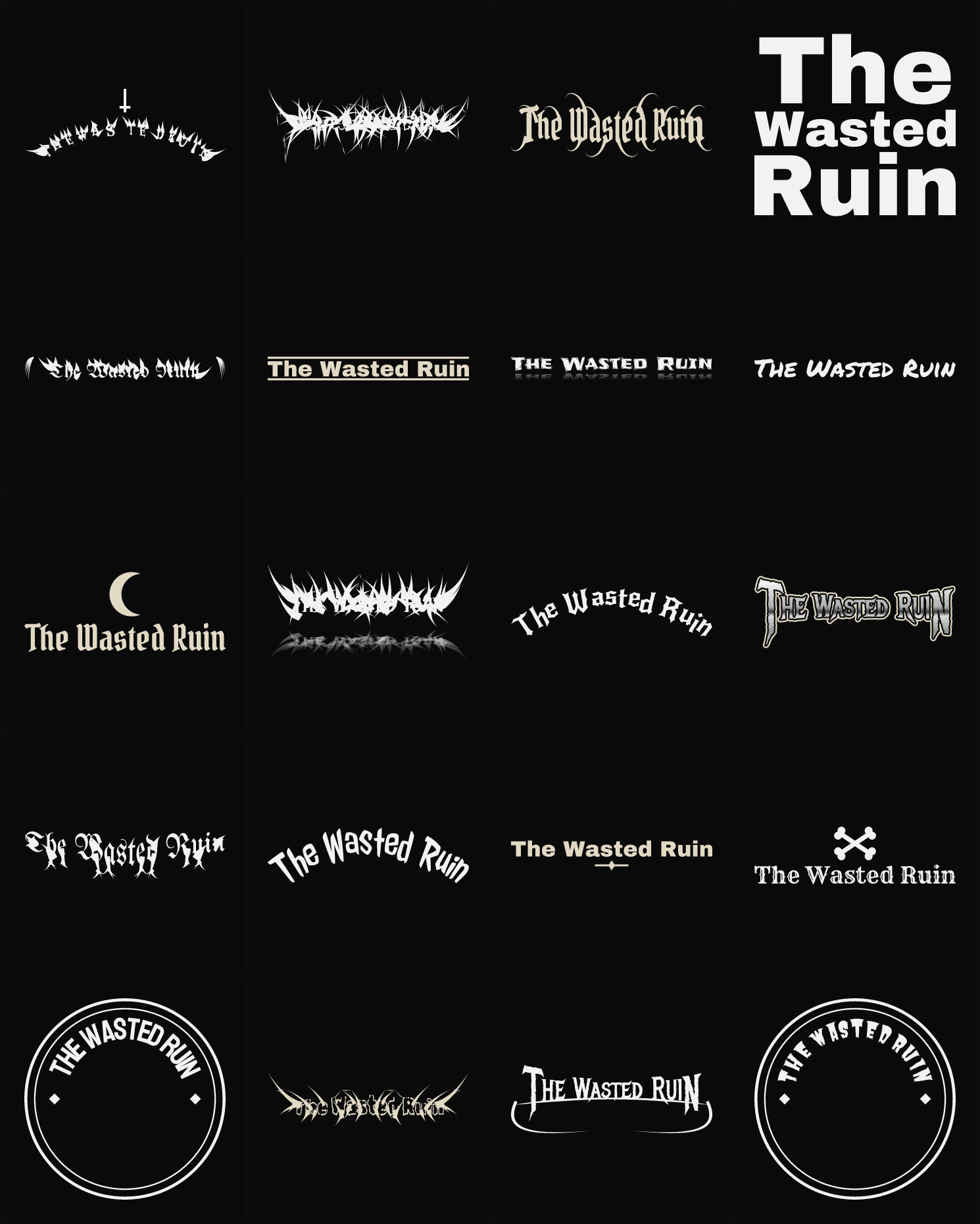 Twenty The Wasted Ruin band logo ideas — different faces, treatments and spike settings