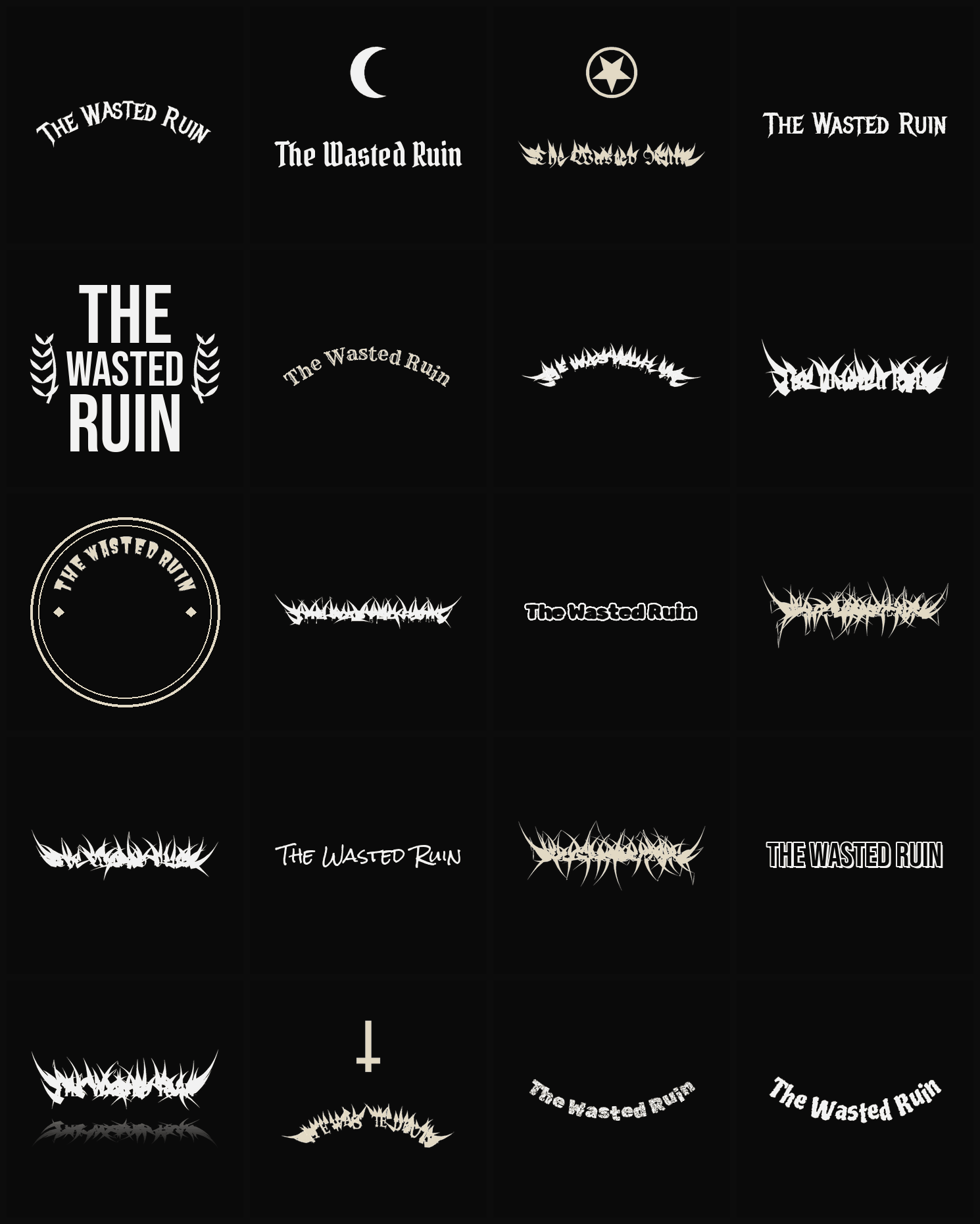 Twenty The Wasted Ruin band logo ideas — different faces, treatments and spike settings