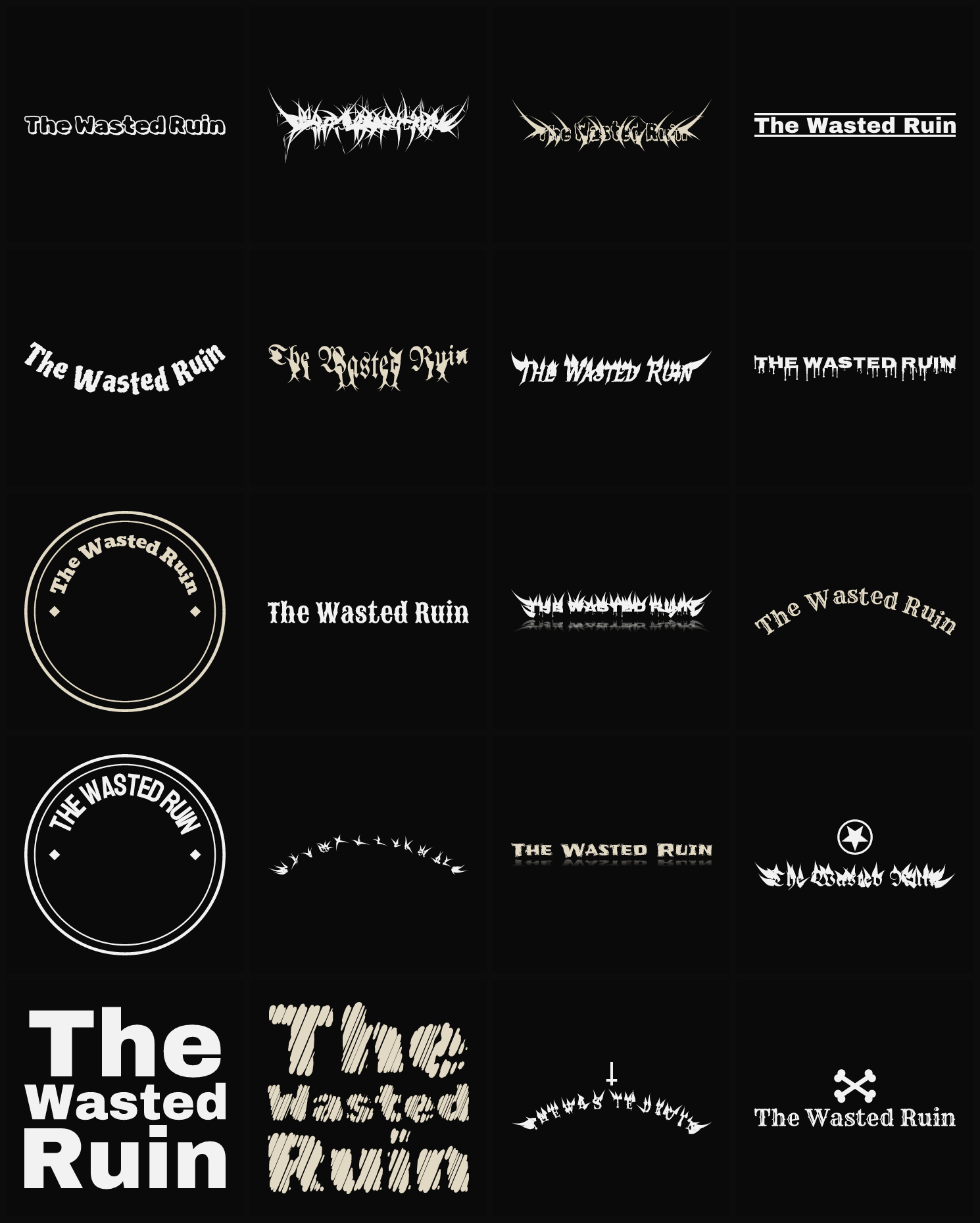 Twenty The Wasted Ruin band logo ideas — different faces, treatments and spike settings