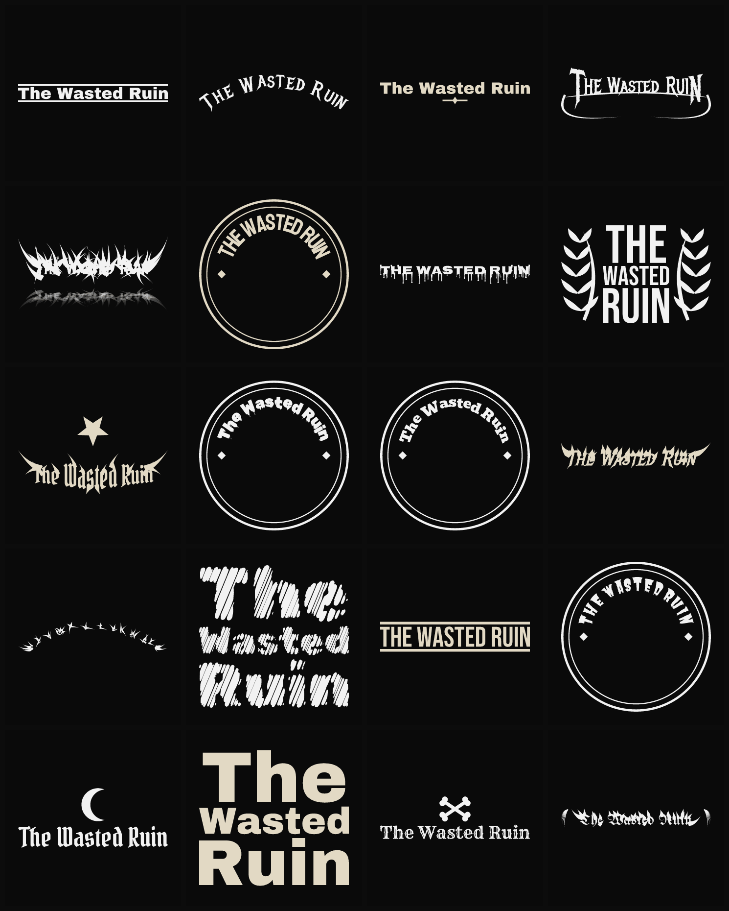 Twenty The Wasted Ruin band logo ideas — different faces, treatments and spike settings