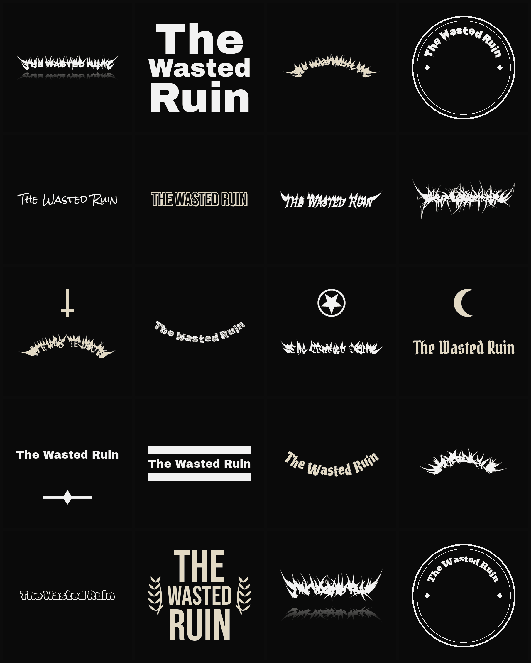 Twenty The Wasted Ruin band logo ideas — different faces, treatments and spike settings