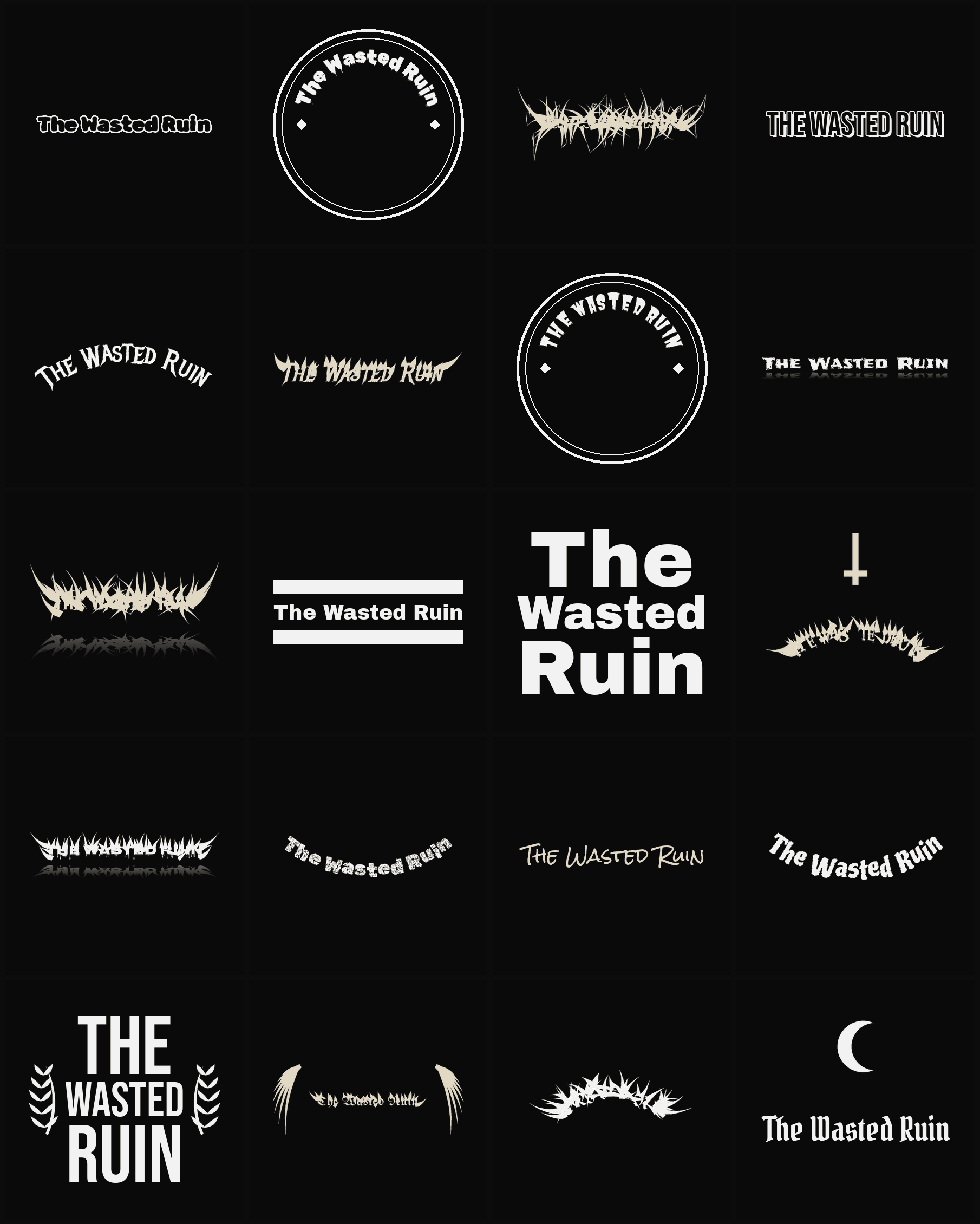 Twenty The Wasted Ruin band logo ideas — different faces, treatments and spike settings