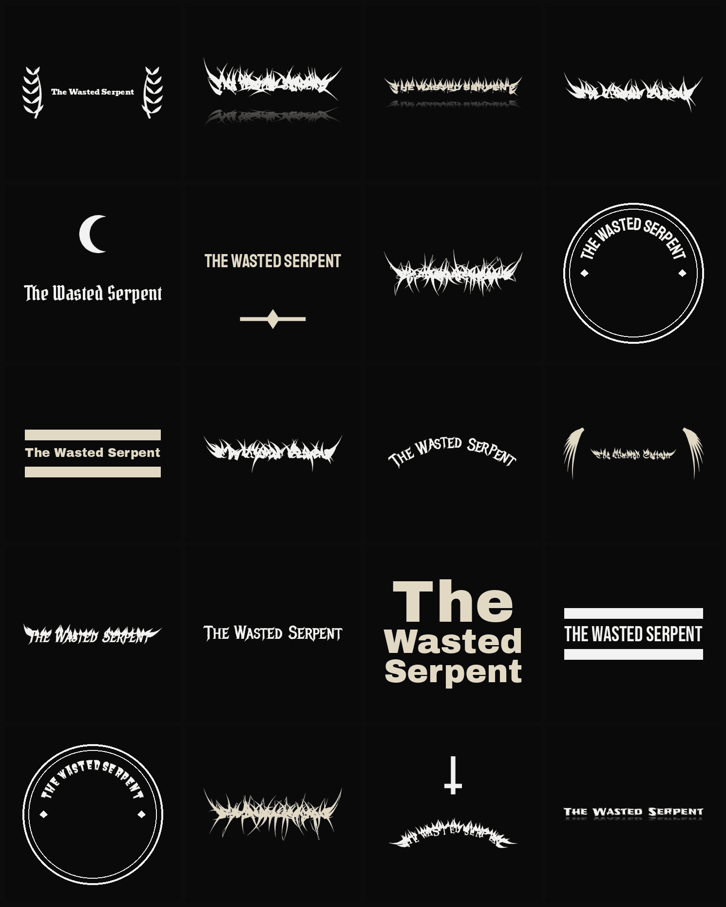 Twenty The Wasted Serpent band logo ideas — different faces, treatments and spike settings