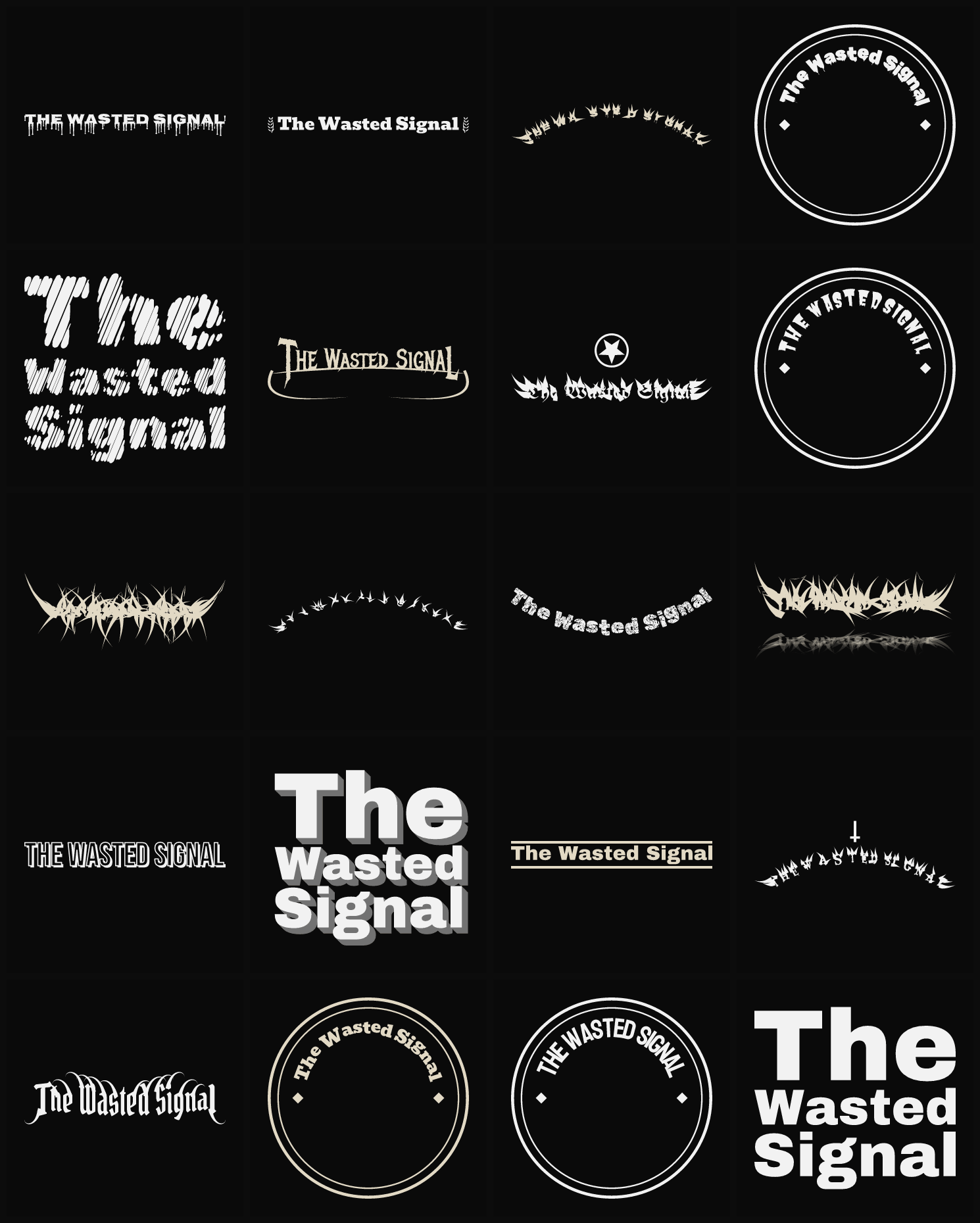 Twenty The Wasted Signal band logo ideas — different faces, treatments and spike settings