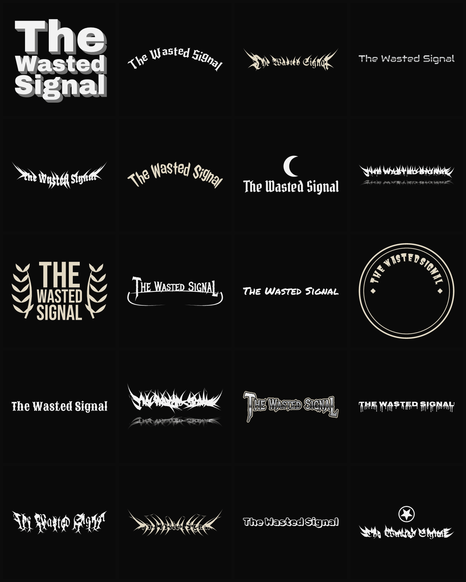 Twenty The Wasted Signal band logo ideas — different faces, treatments and spike settings