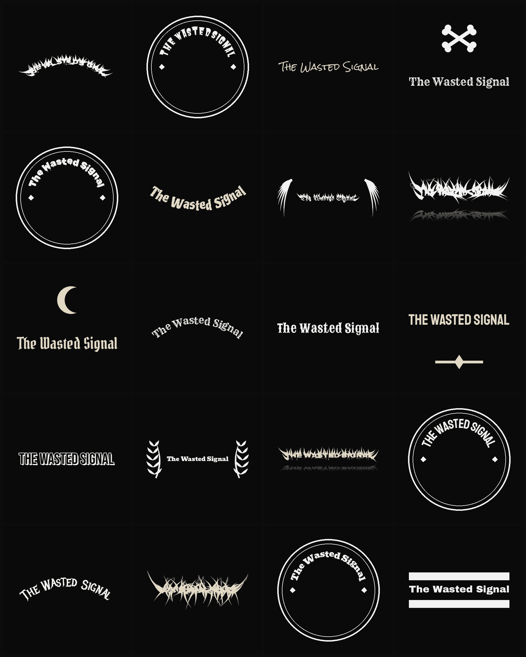 Twenty The Wasted Signal band logo ideas — different faces, treatments and spike settings