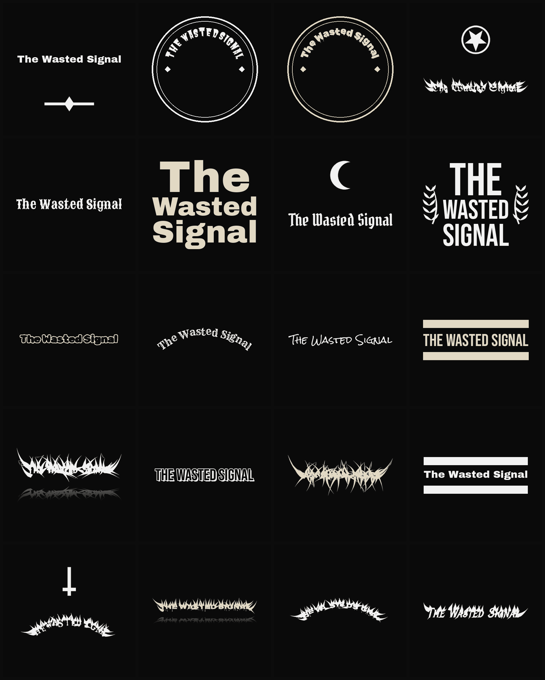 Twenty The Wasted Signal band logo ideas — different faces, treatments and spike settings