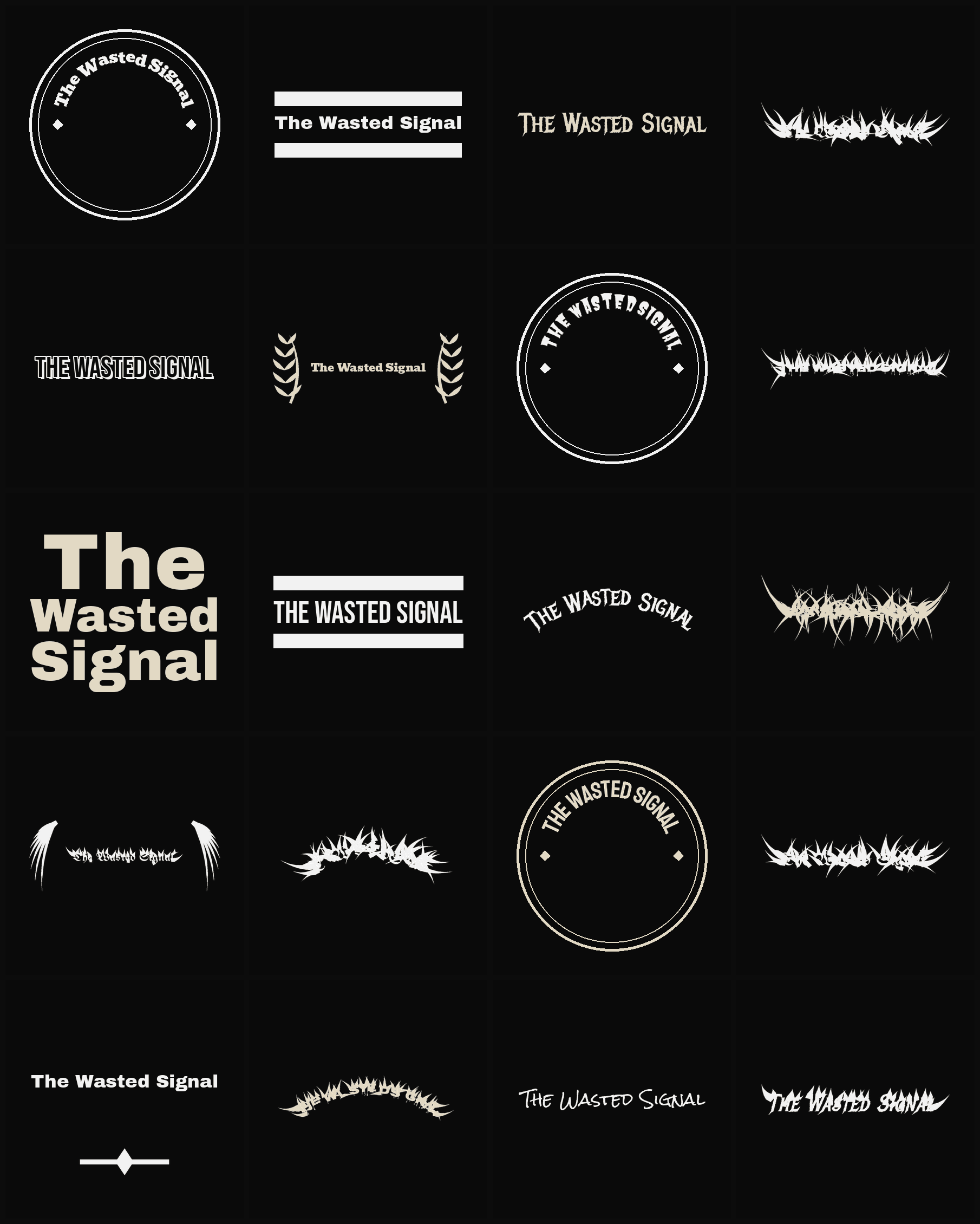 Twenty The Wasted Signal band logo ideas — different faces, treatments and spike settings