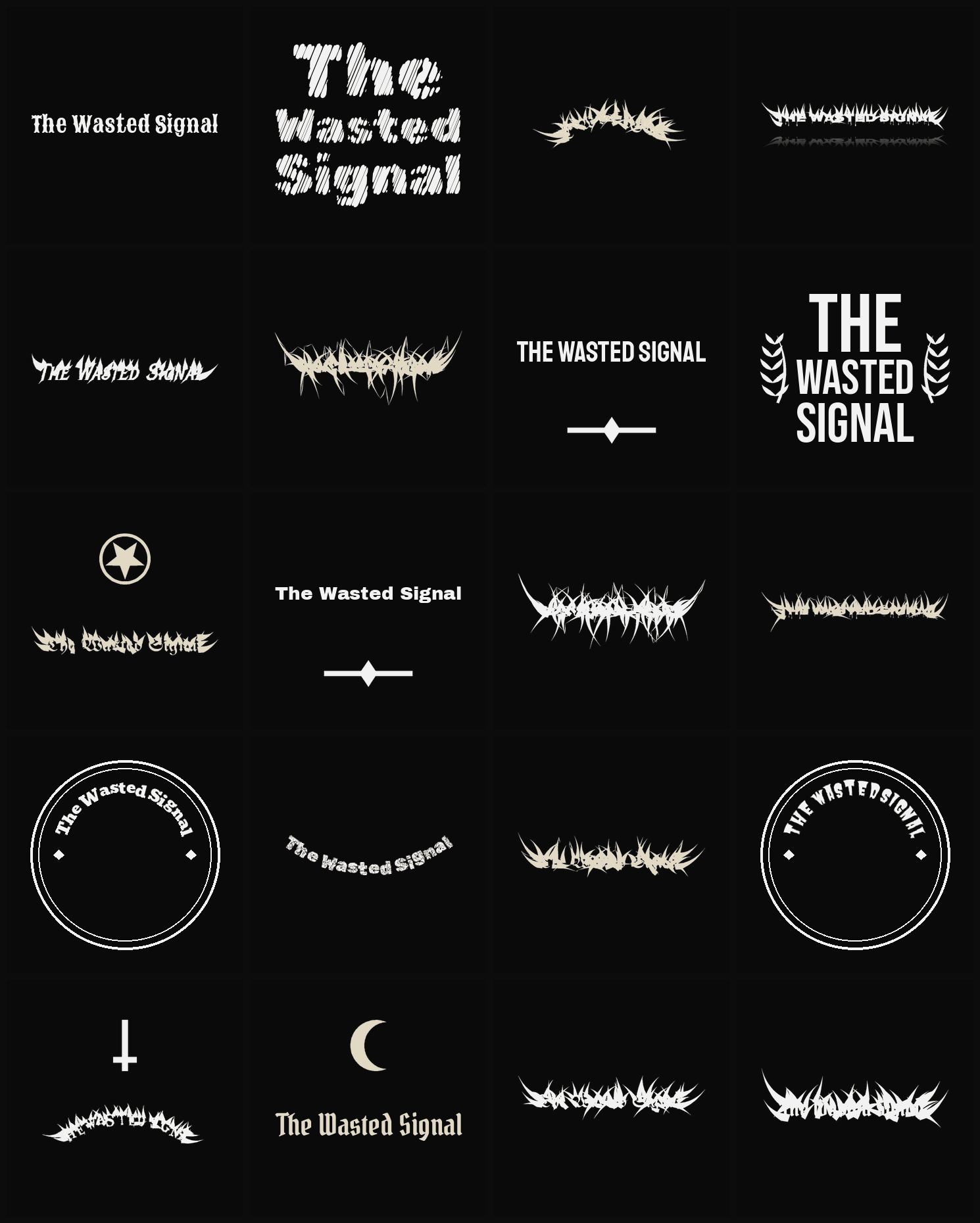 Twenty The Wasted Signal band logo ideas — different faces, treatments and spike settings