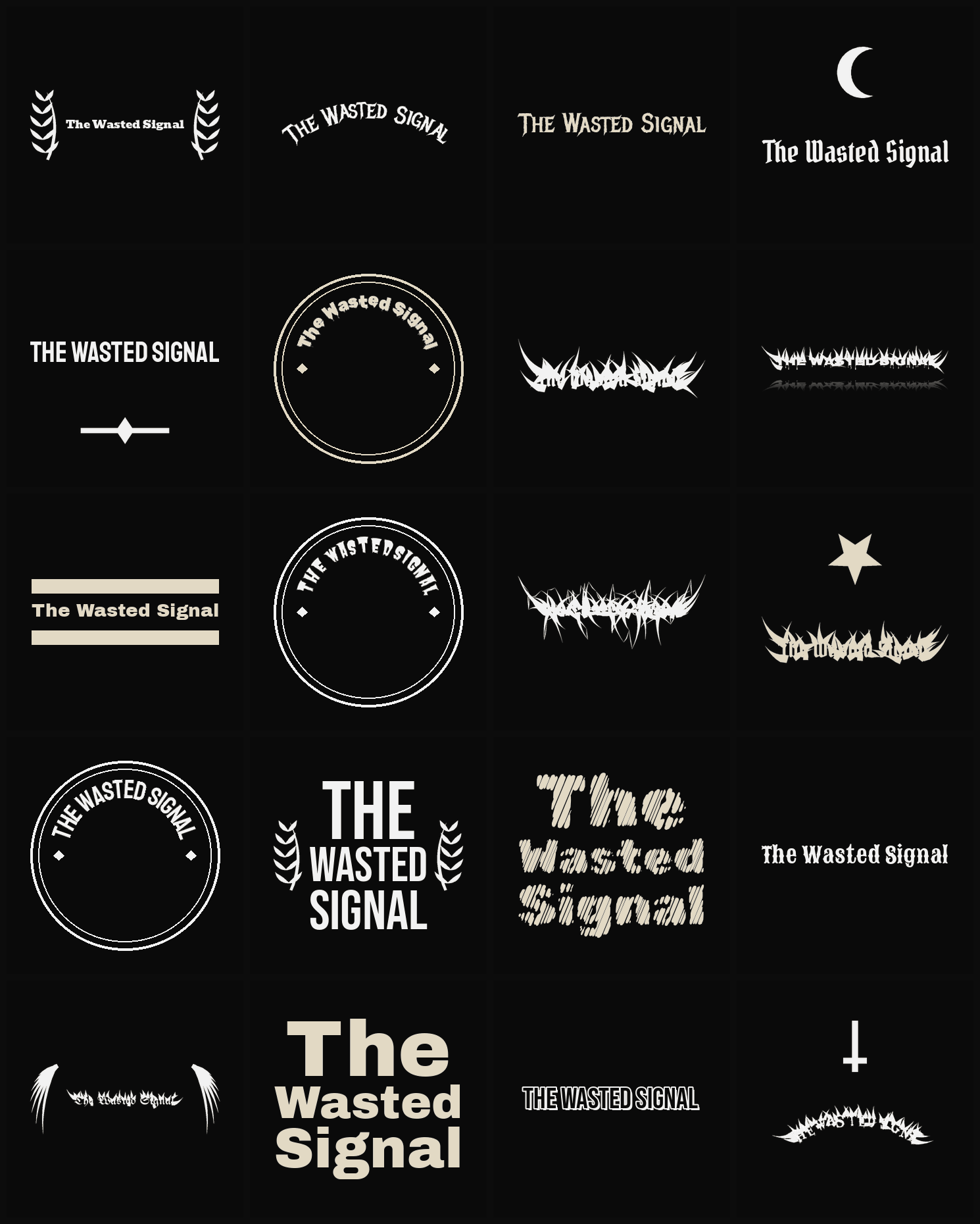 Twenty The Wasted Signal band logo ideas — different faces, treatments and spike settings