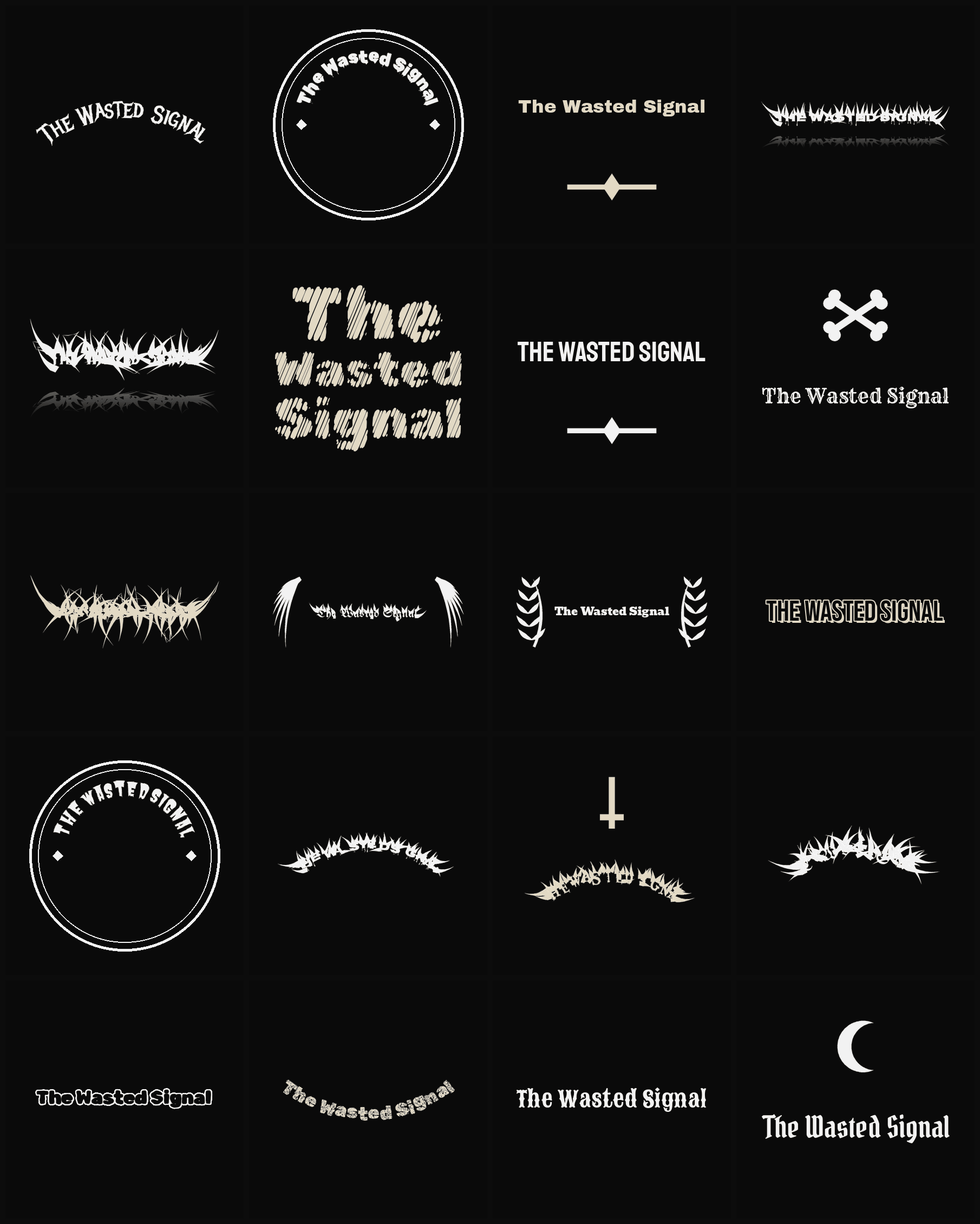 Twenty The Wasted Signal band logo ideas — different faces, treatments and spike settings