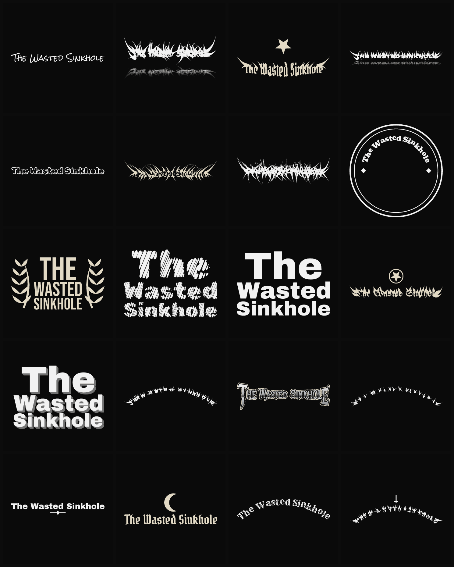 Twenty The Wasted Sinkhole band logo ideas — different faces, treatments and spike settings
