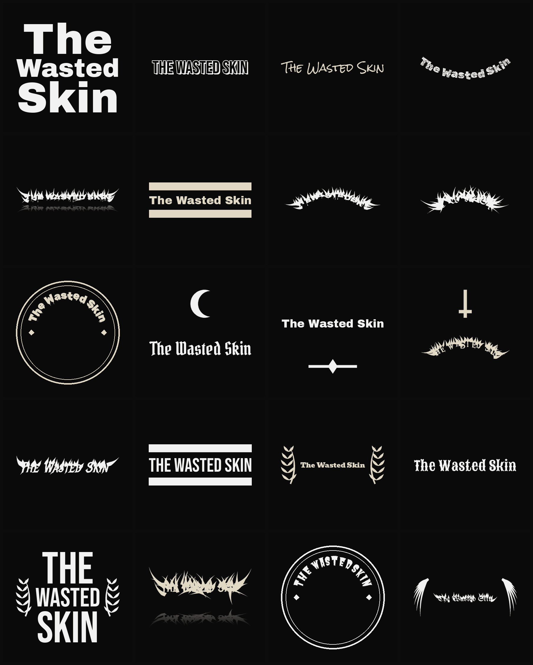Twenty The Wasted Skin band logo ideas — different faces, treatments and spike settings