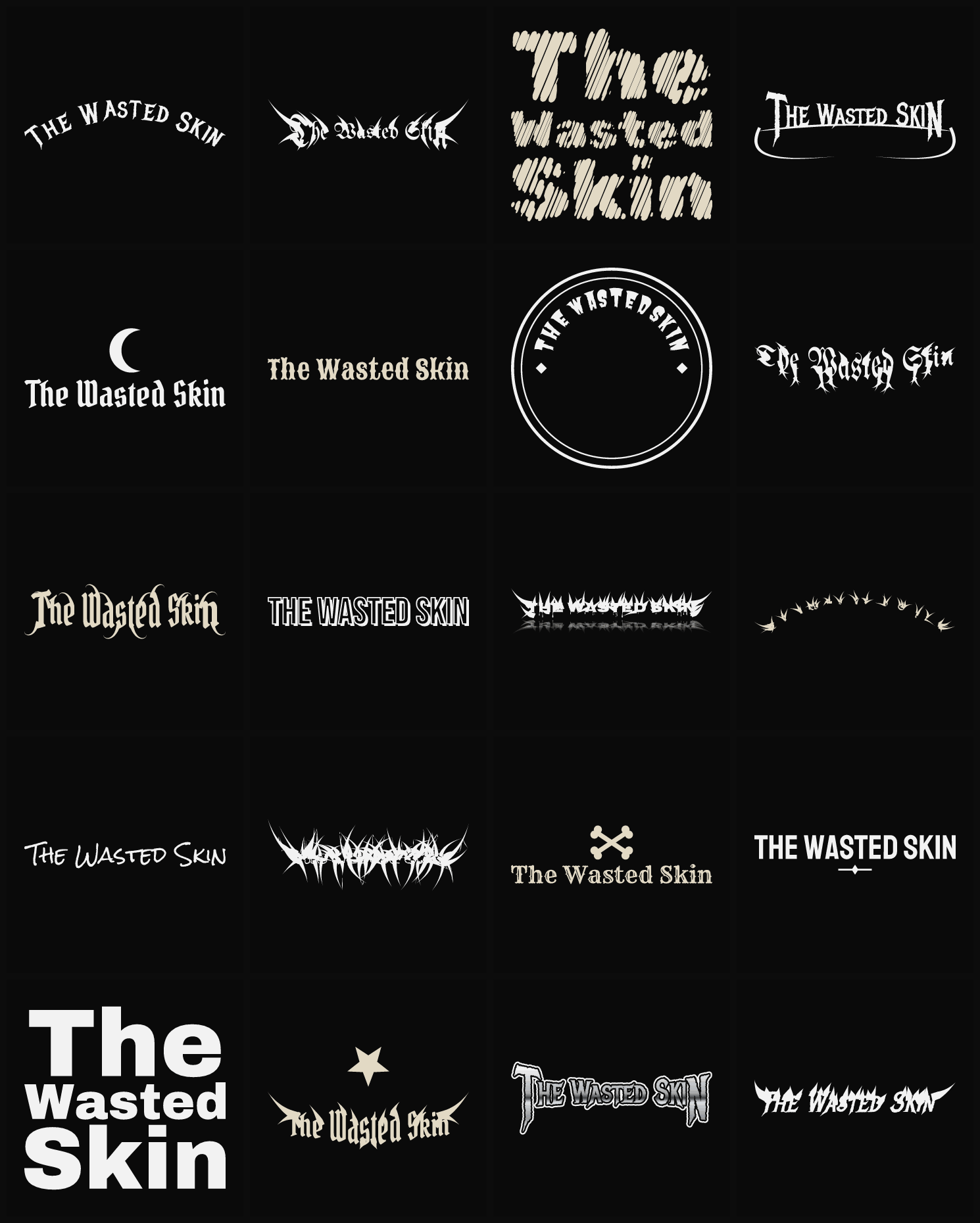 Twenty The Wasted Skin band logo ideas — different faces, treatments and spike settings